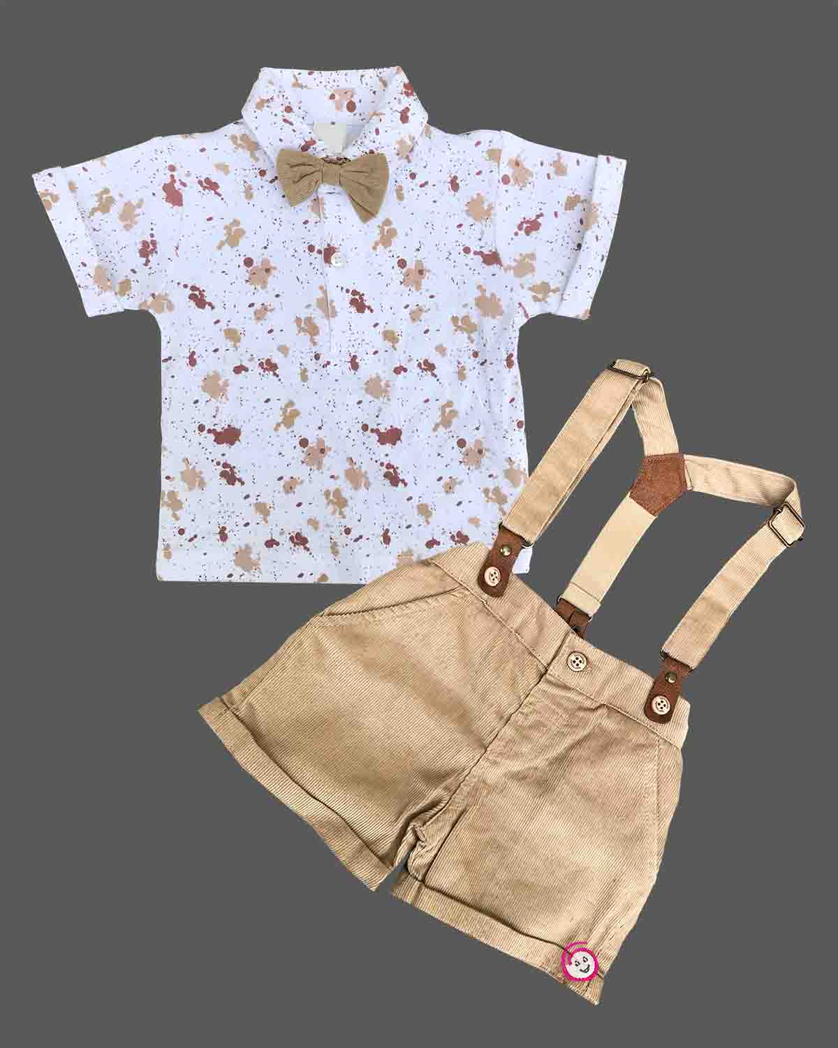Dapper printed T Shirt bowtie and suspender shorts outfit for young boys party wear