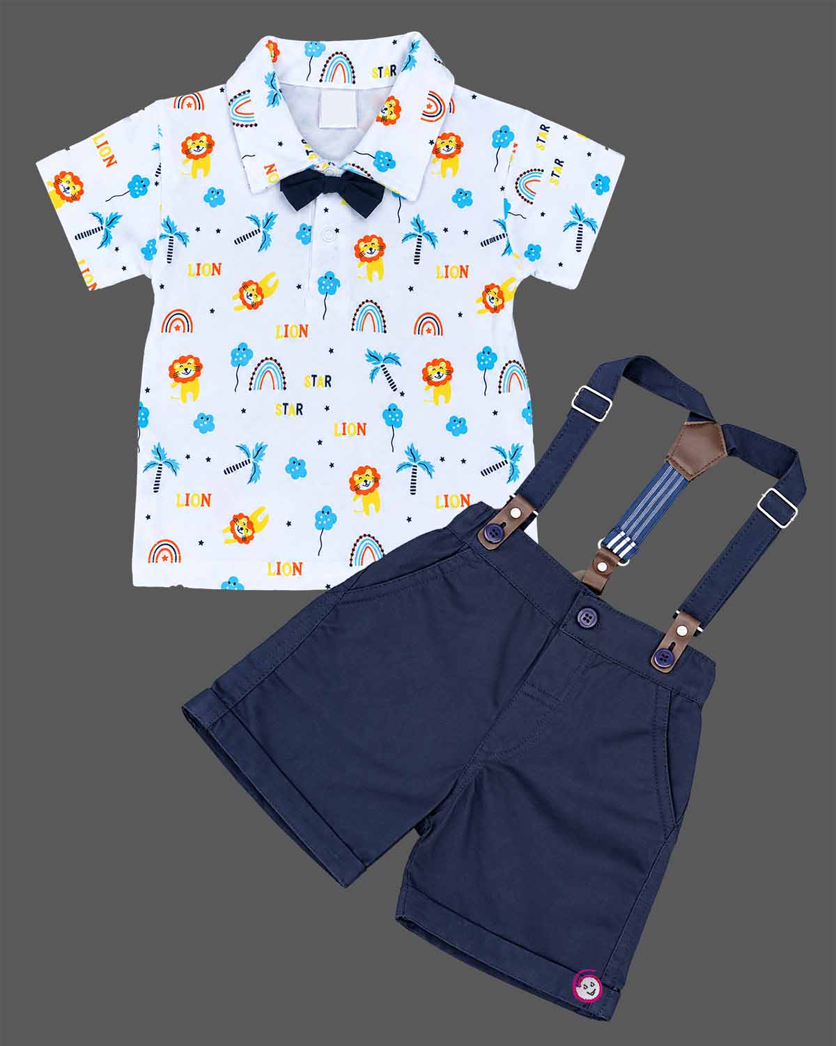 Printed short sleeve shirt with bow tie and navy suspender dress for infant