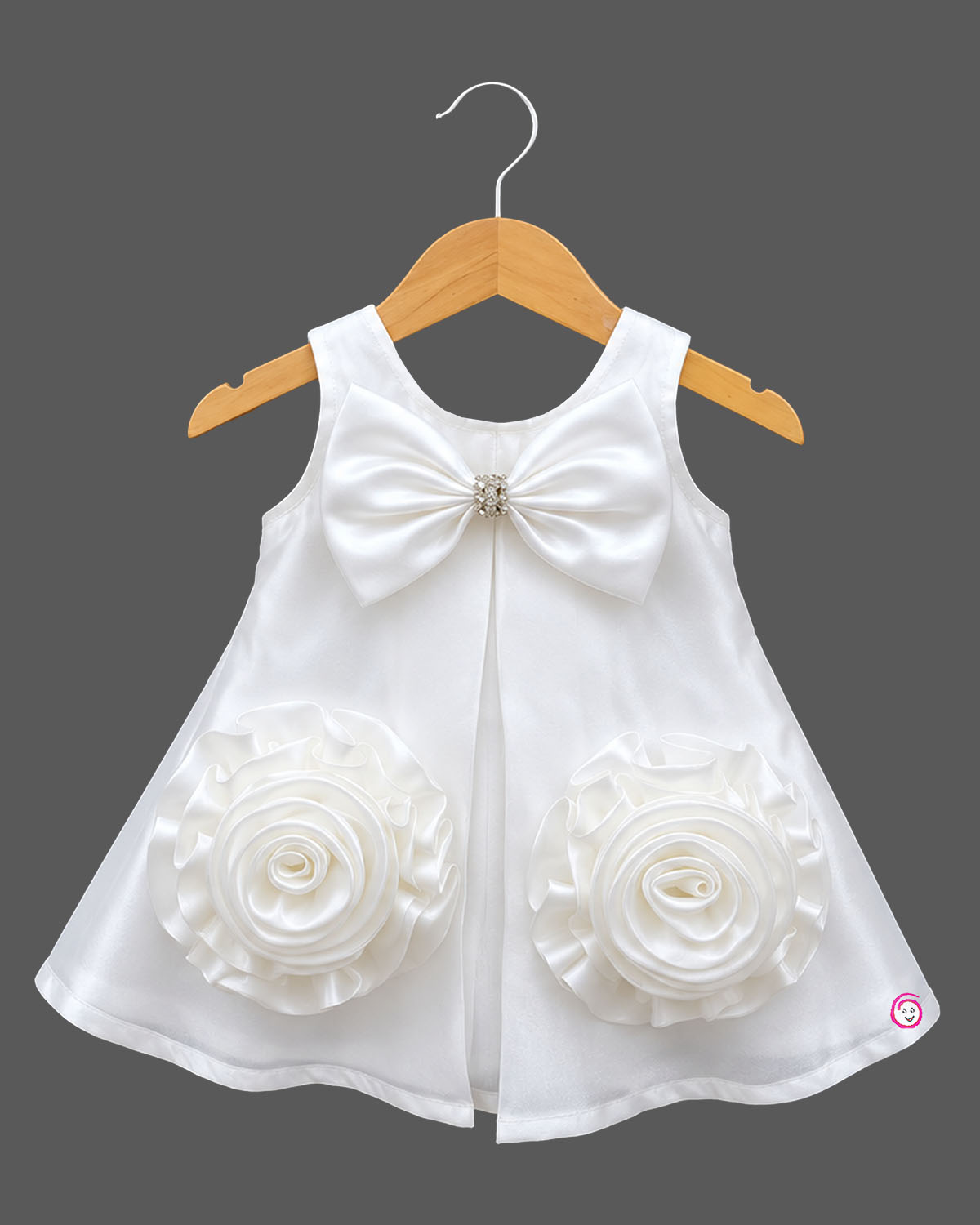 Kids party wear satin A-line frock with large rosette flower accents, matching headband, and soft booties set.