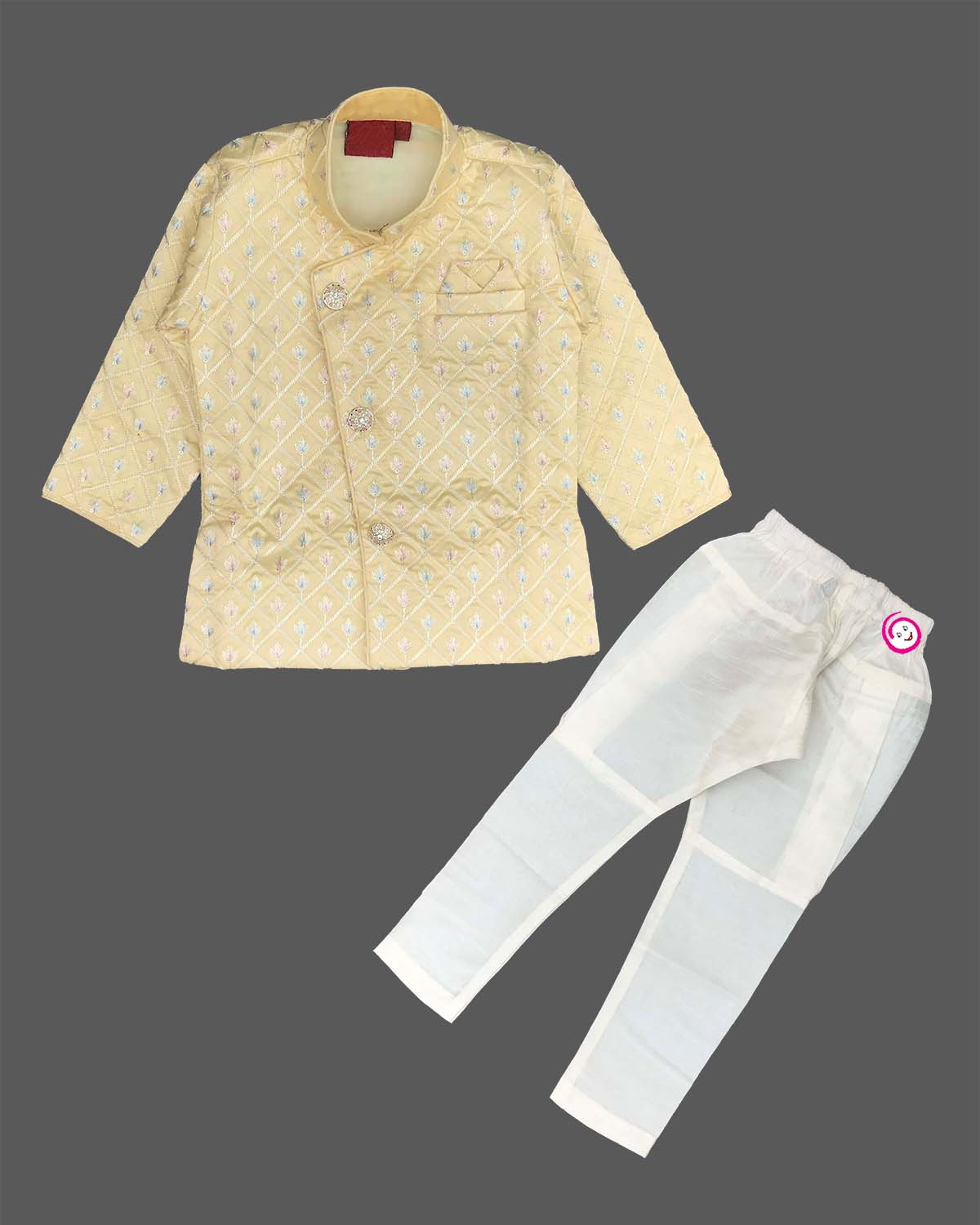 Boys quilted thread embroidered sherwani set with mandarin collar and pyjamas for festive gatherings and haldi ceremonies.