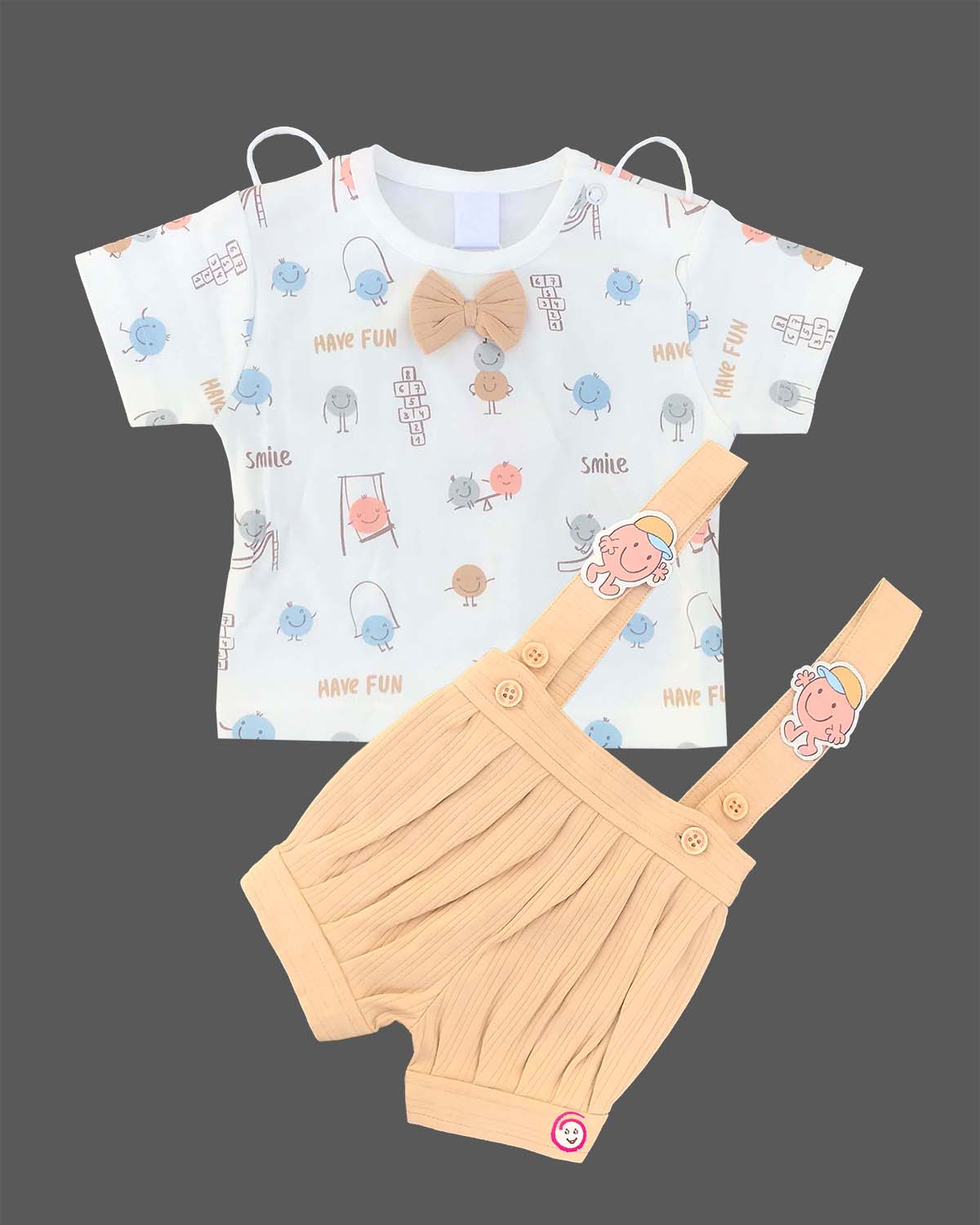 White doodle print t-shirt and beige Candy House boys suspender shorts set for birthday parties, casual outings, and summer playdates