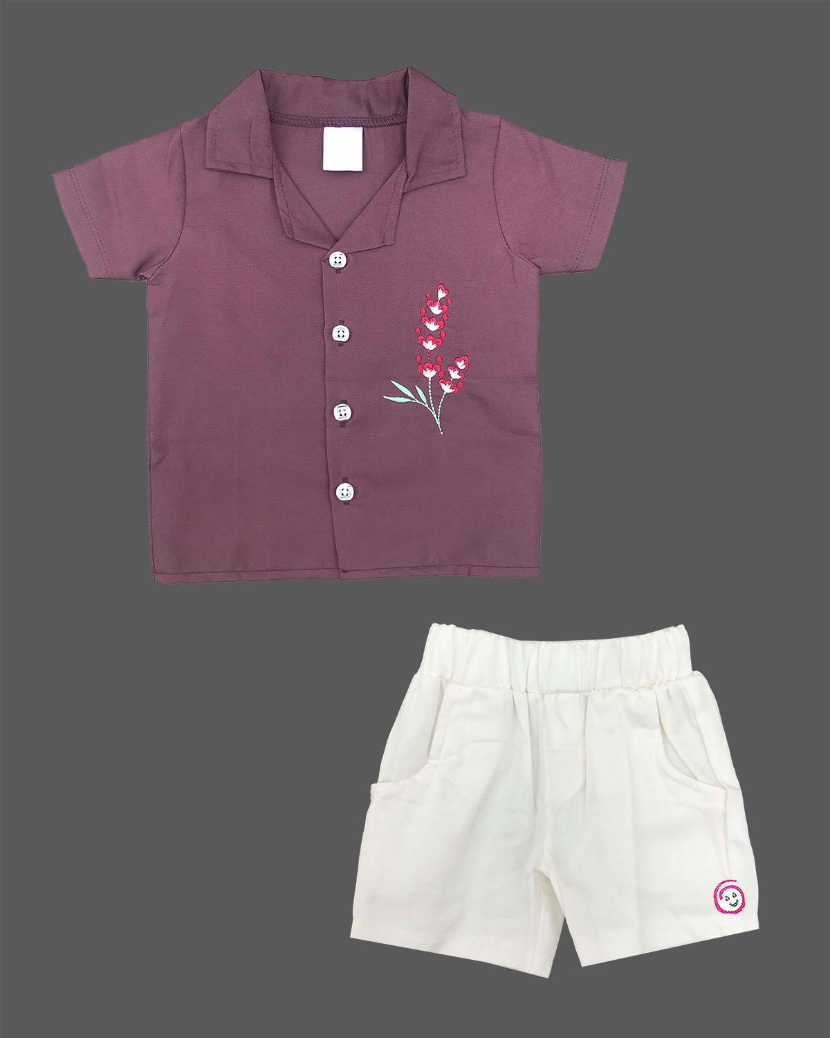 Young boy embroidered shirt and tailored shorts set featuring delicate motif details for casual wear.