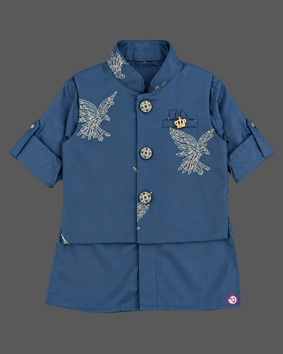 Kids sherwani set featuring golden eagle embroidery and mandarin collar for boys festive wear