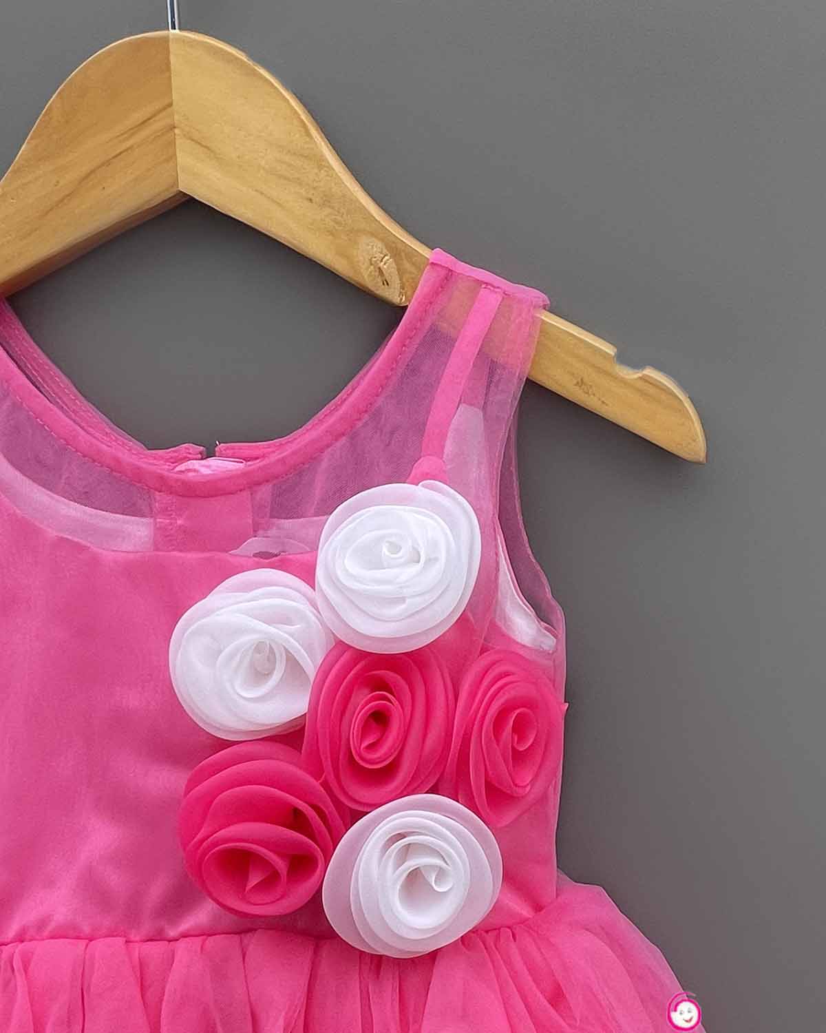 Girls flower applique party frock - Dark Pink