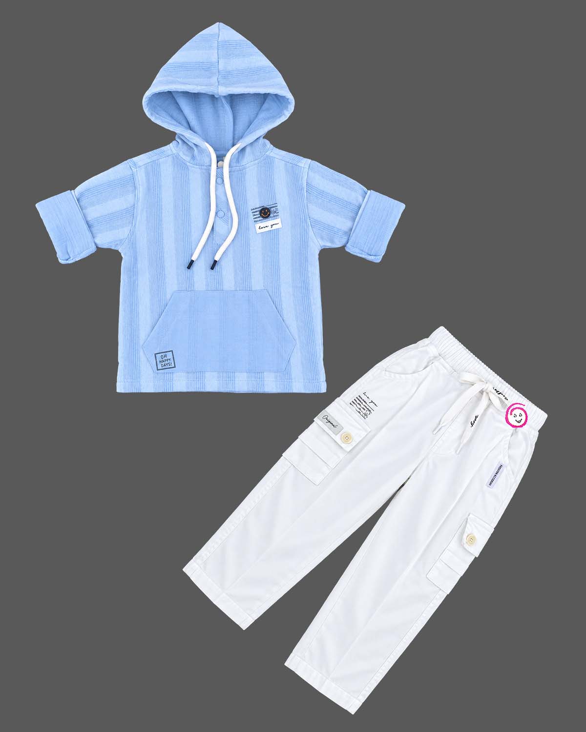 Hooded striped pullover top with drawstring cargo trousers set designed for party wear for boys.