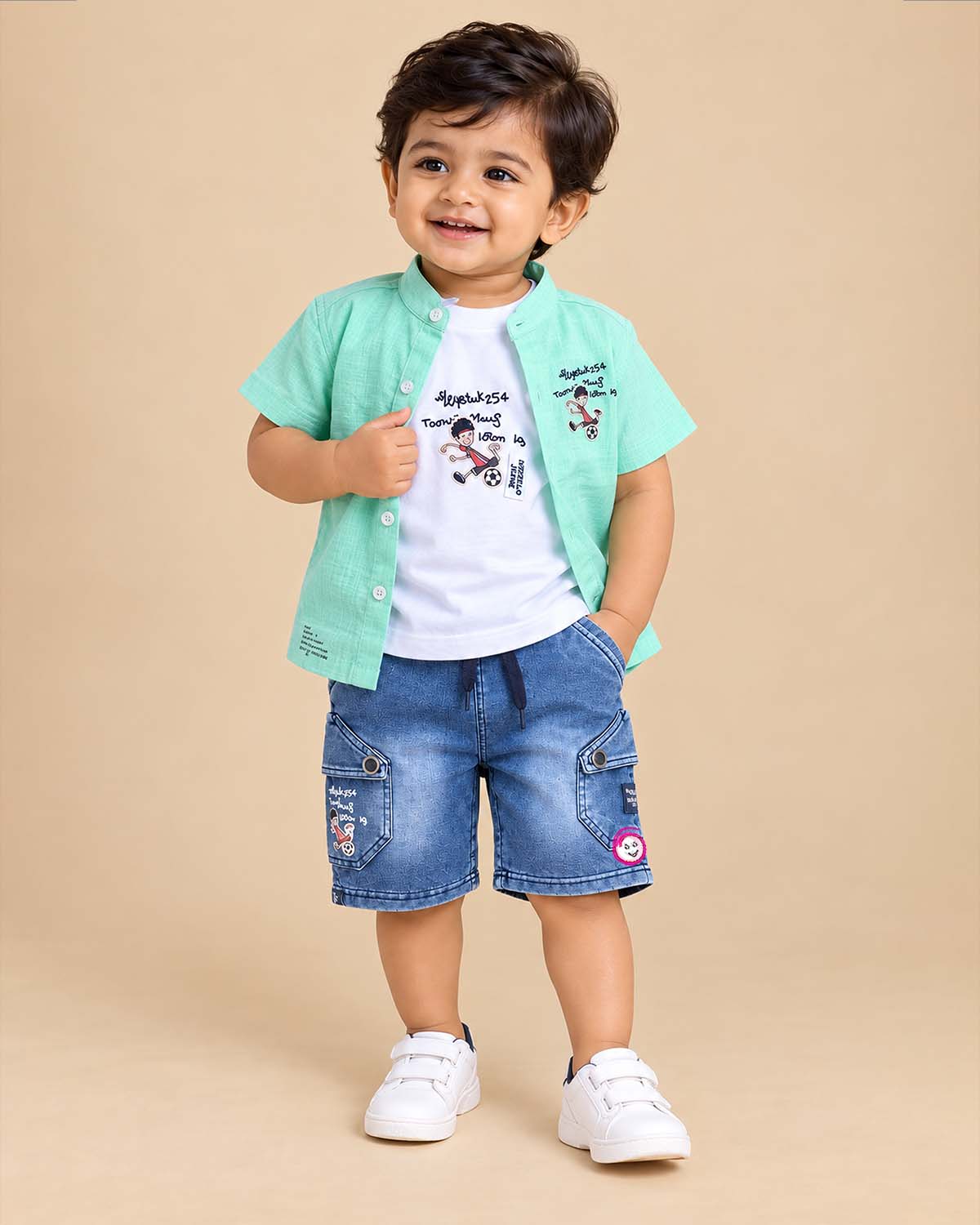 young prince cotton shirt and denim shorts set for boys casual wear