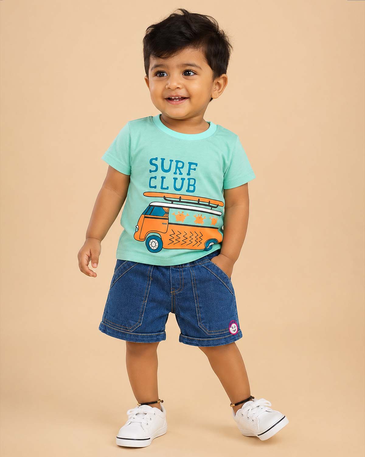 Seafoam green graphic t-shirt with Surf Club print and blue denim elasticated shorts baby boy top and shorts set for summer vacations, playdates, and park outings