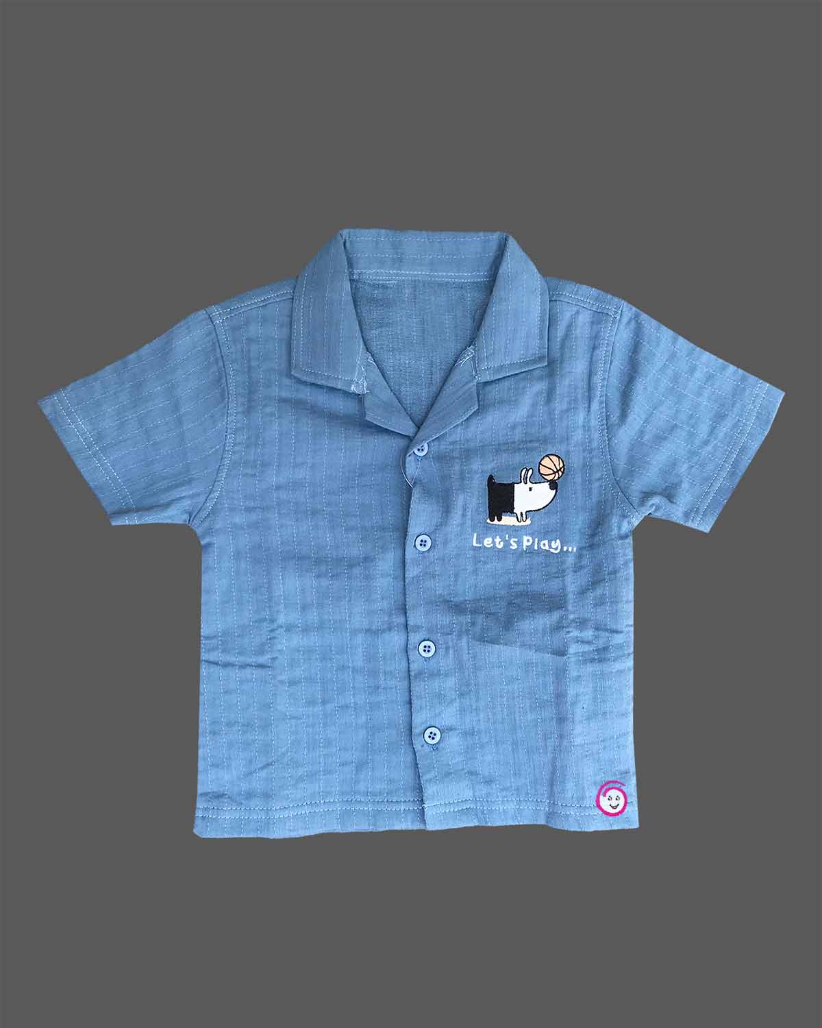 Light blue textured cotton button-down shirt with dog embroidery graphic baby boy top and shorts set for summer vacations, playdates, and park outings