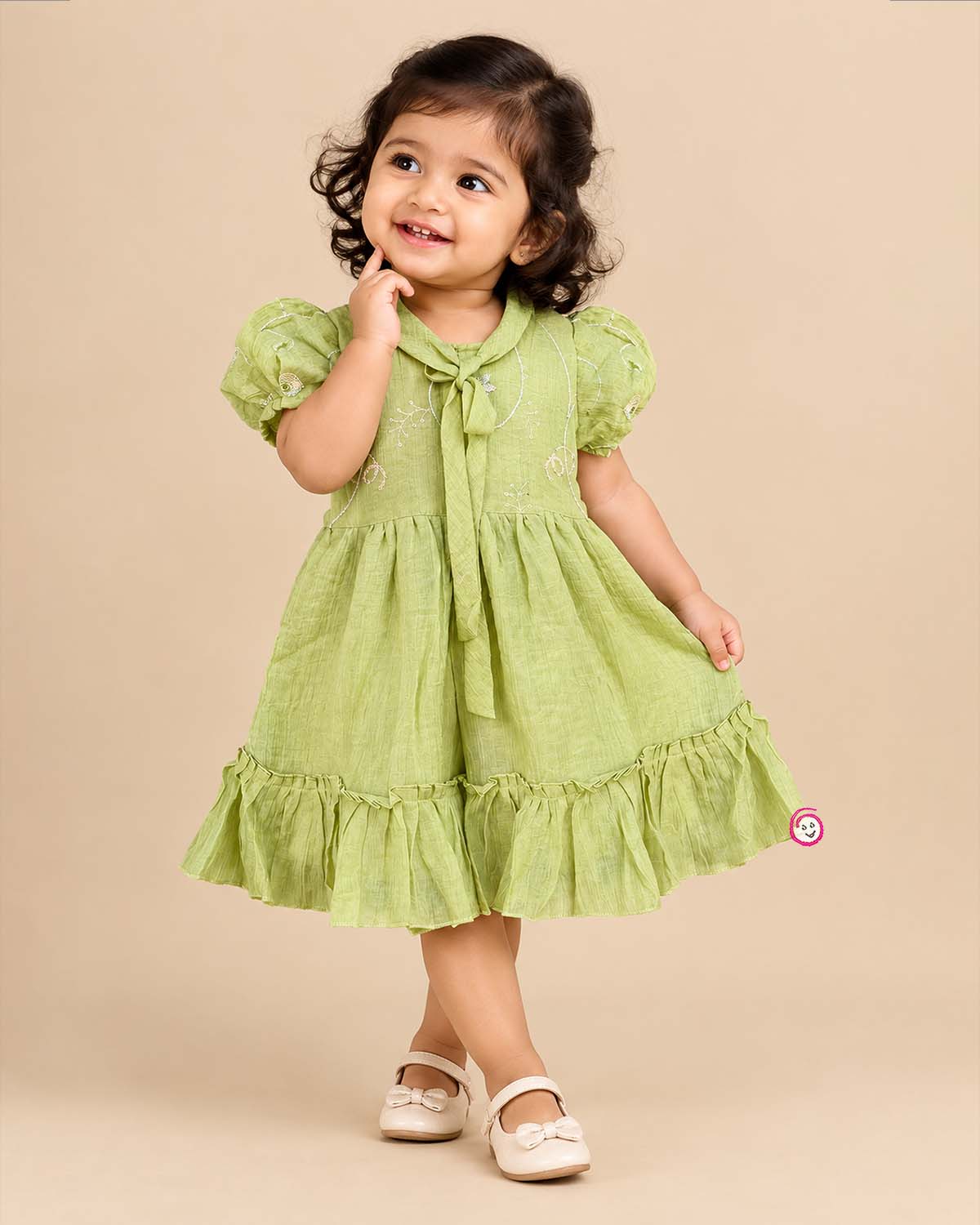 Olive green toddler embroidered casual frock with puff sleeves and bow tie