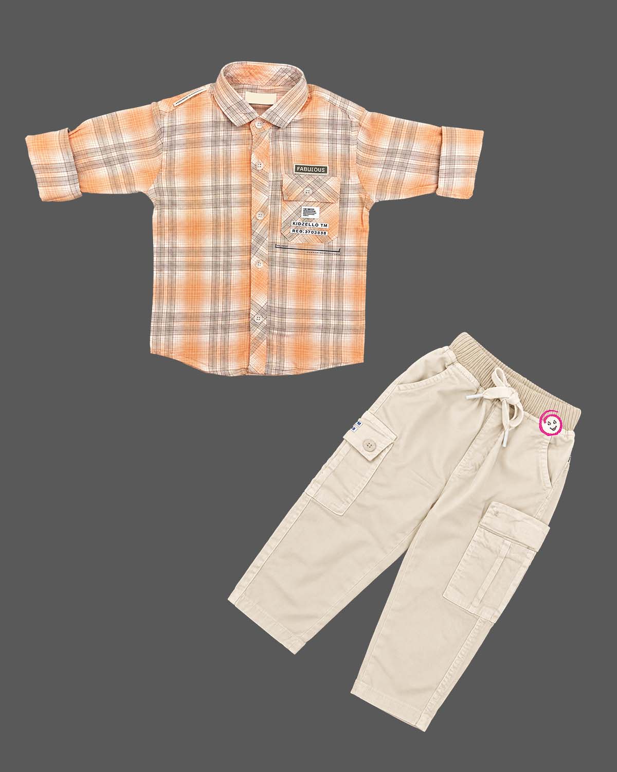 Toddler wearing checkered button-down shirt and pant designed as western dress for boys.