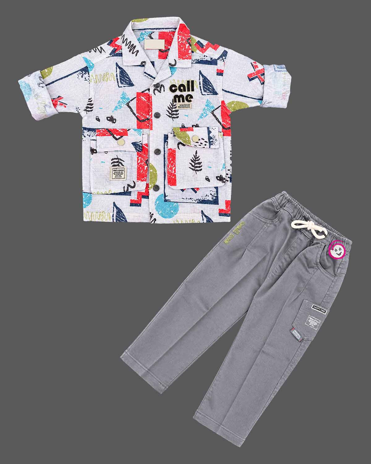 Kids Western Dress For Boys featuring a patterned collared shirt and drawstring pant.