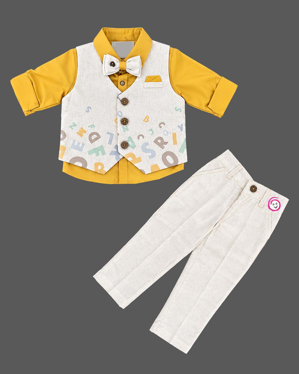 Baby boy letter print waistcoat set featuring bow tie, shirt, and pant for celebration wear.