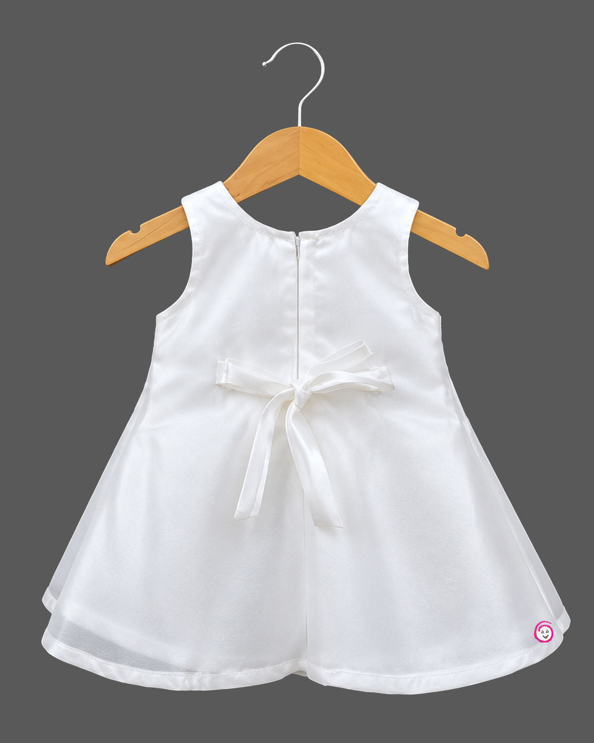 Kids party wear satin A-line frock with large rosette flower accents, matching headband, and soft booties set.