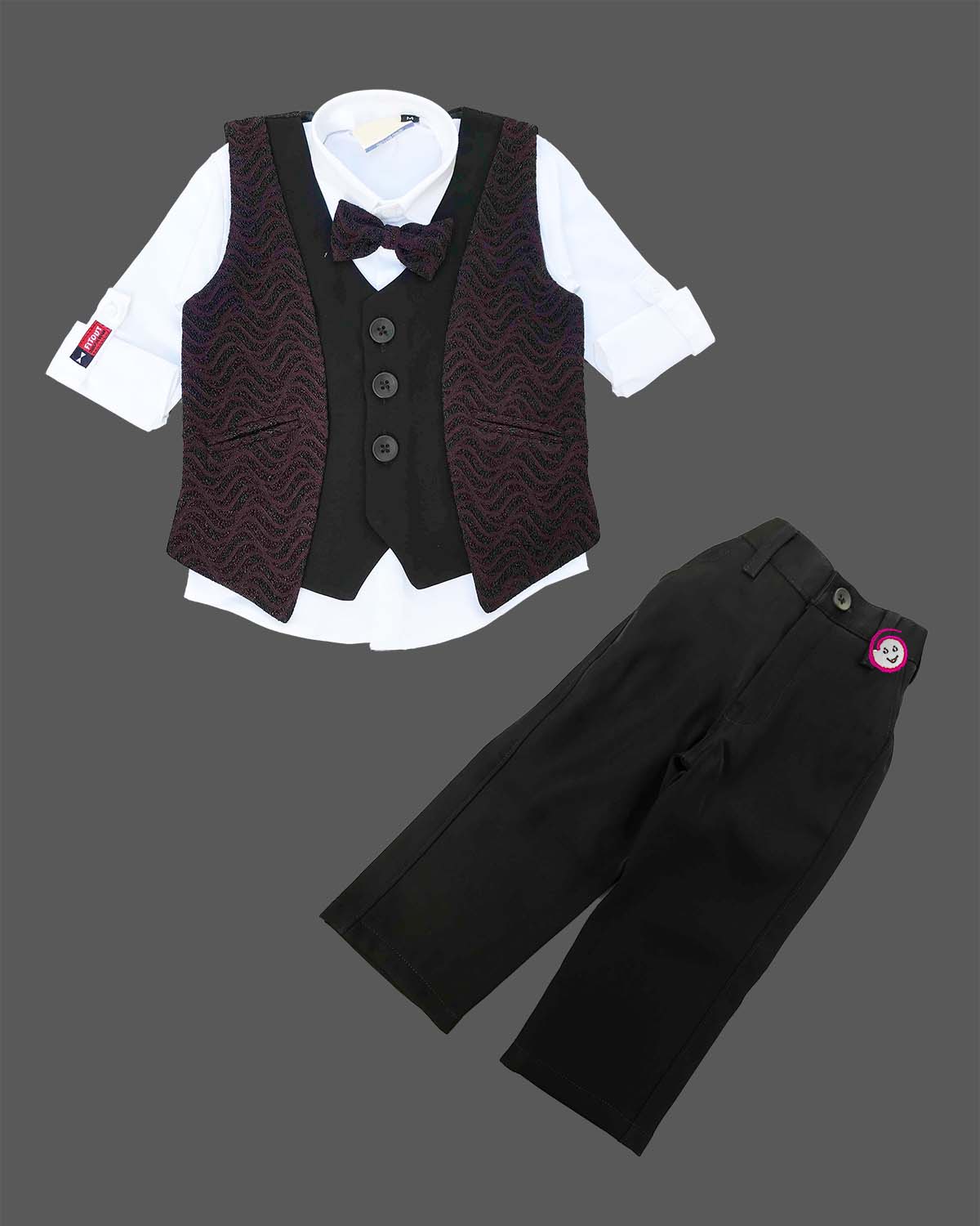 Black and wine purple textured velvet waistcoat suit set with bow for boys