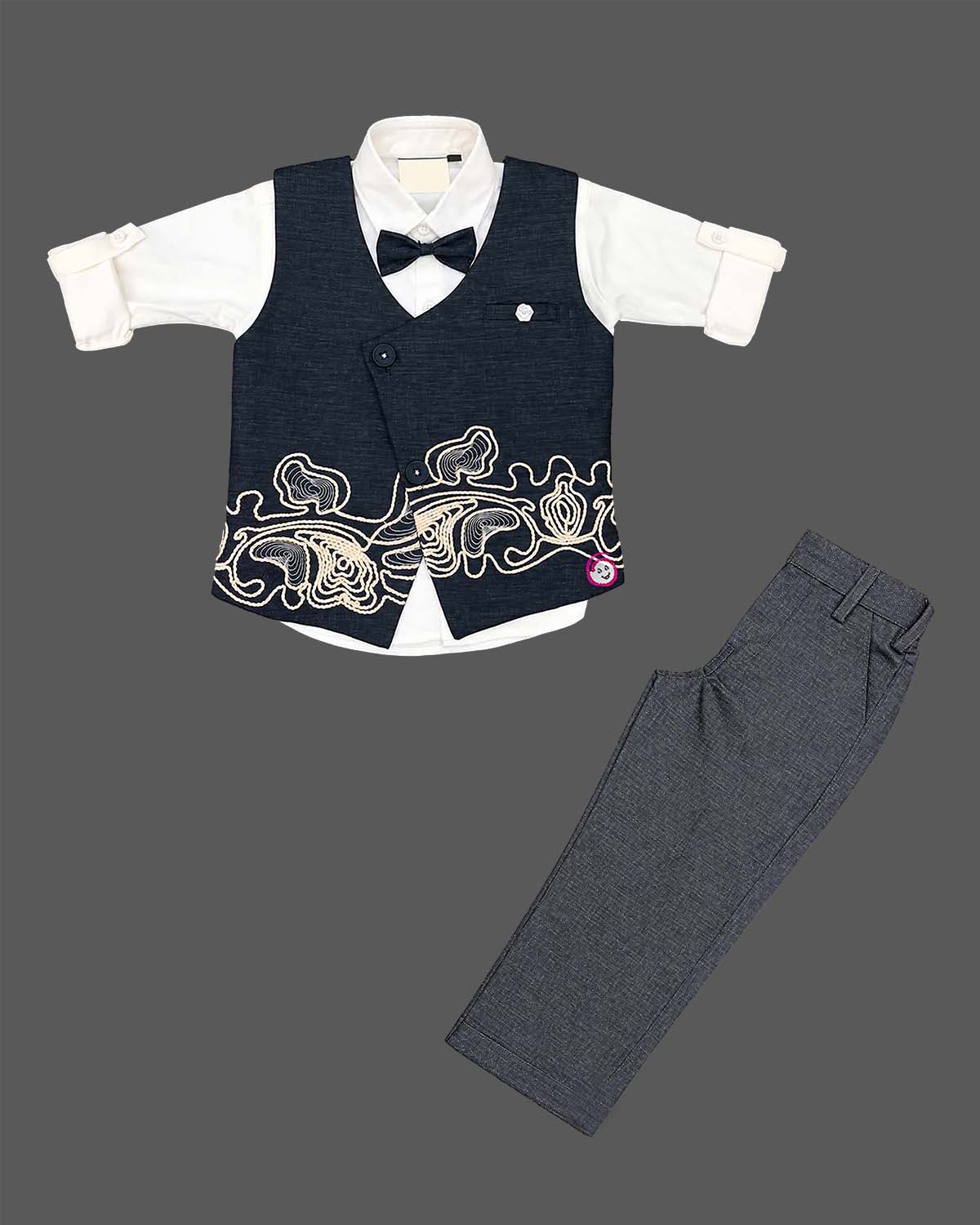 Toddler boy asymmetric embroidered waistcoat set with full-sleeve shirt, bow tie, and trousers.
