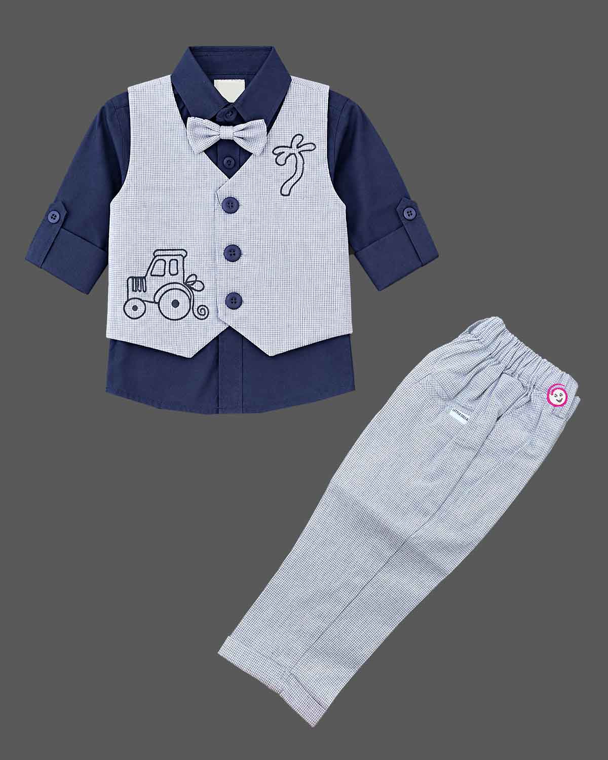 Indo western dress for boys featuring a structured waistcoat, shirt, bow tie, and pant with embroidered accents.