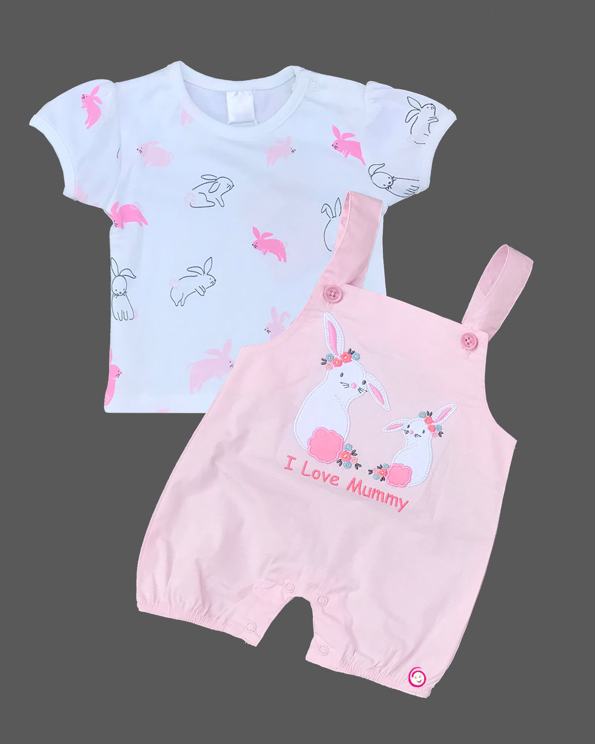 Girls rabbit printed tee with half romper - Baby Pink