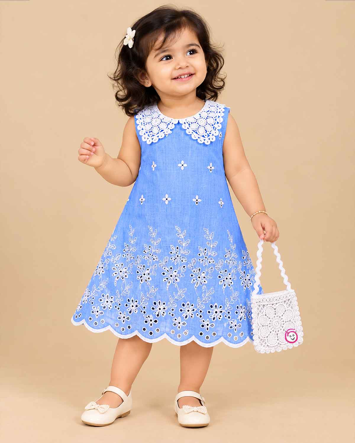 infants frock with lace collar for girls casual wear and birthday party