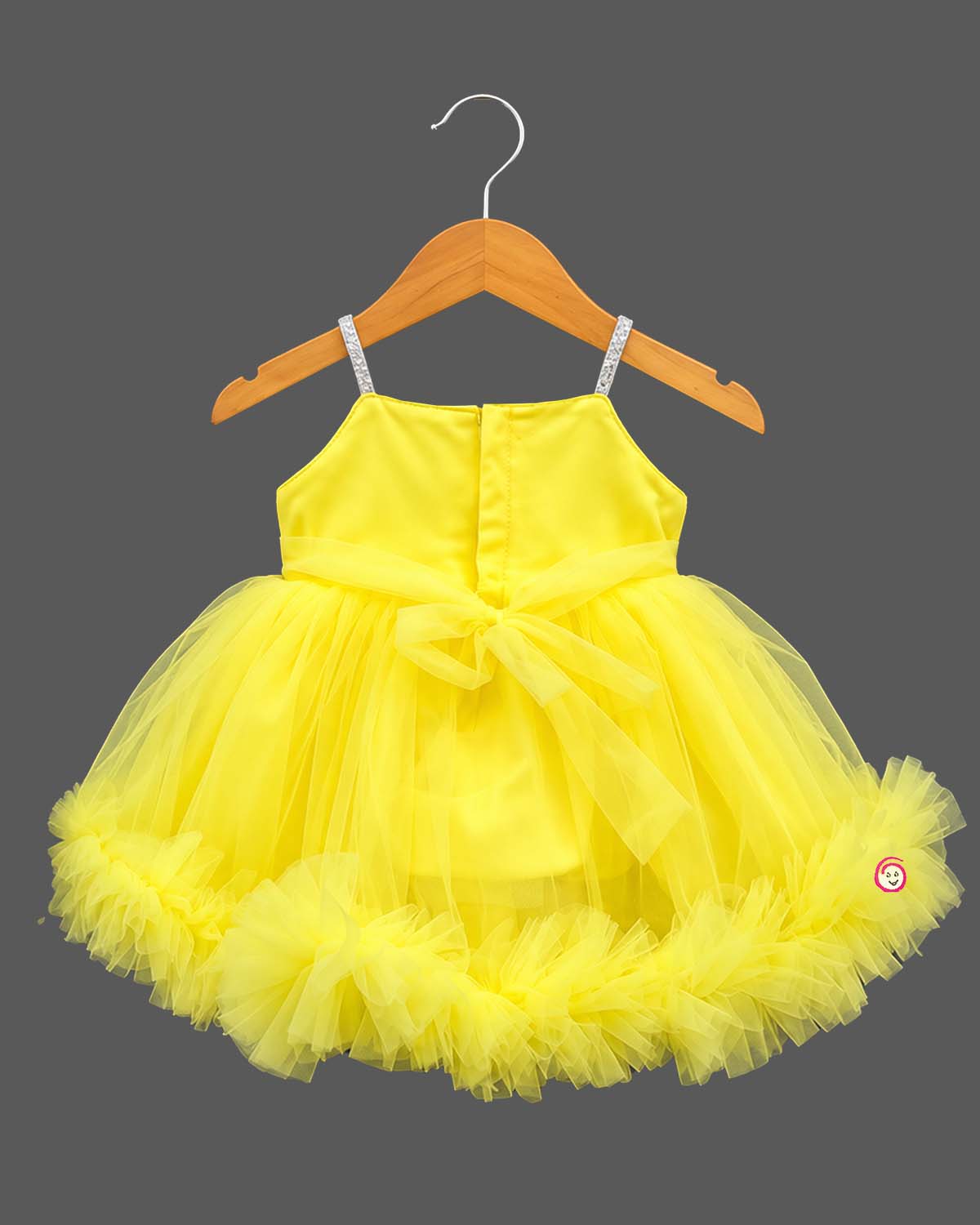 Ruffled tulle baby party wear dress with embellished straps, pom-pom detail, booties, headband