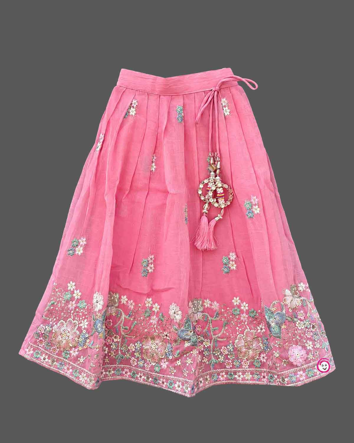 Floral embroidered lehenga choli for kids featuring flared skirt and net dupatta