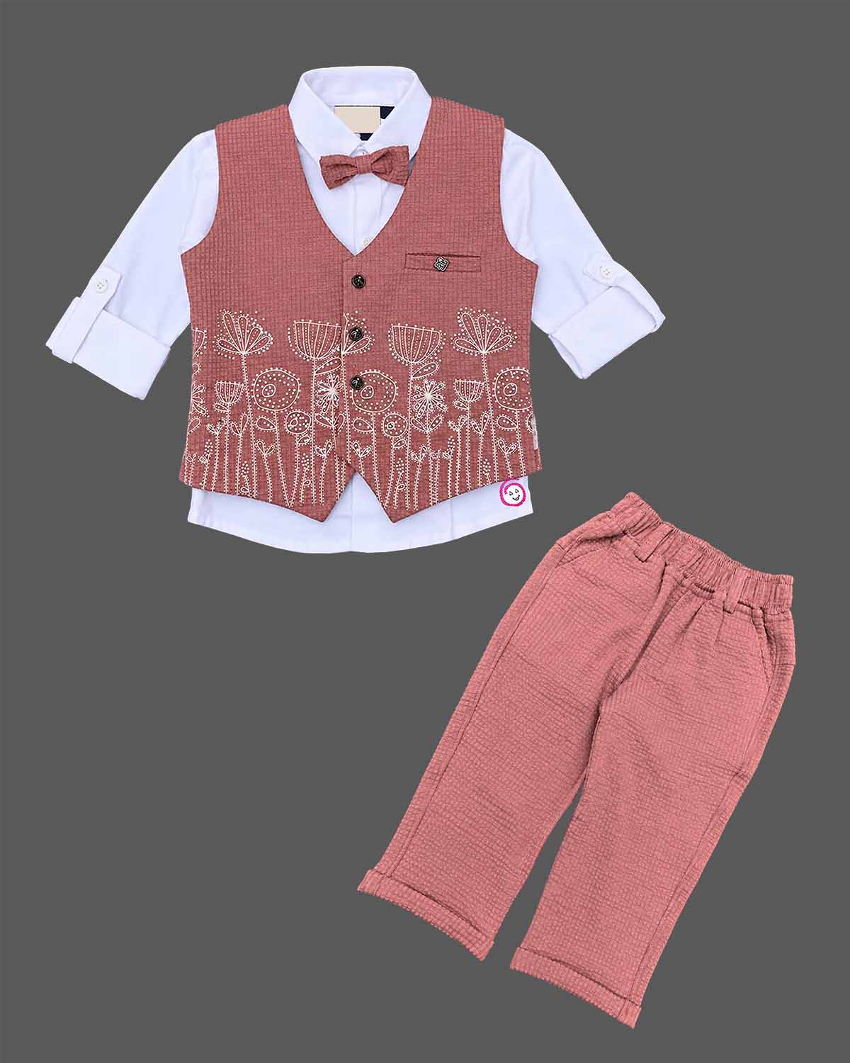Boys suit waistcoat set with embroidered vest, shirt, bow tie, and trousers