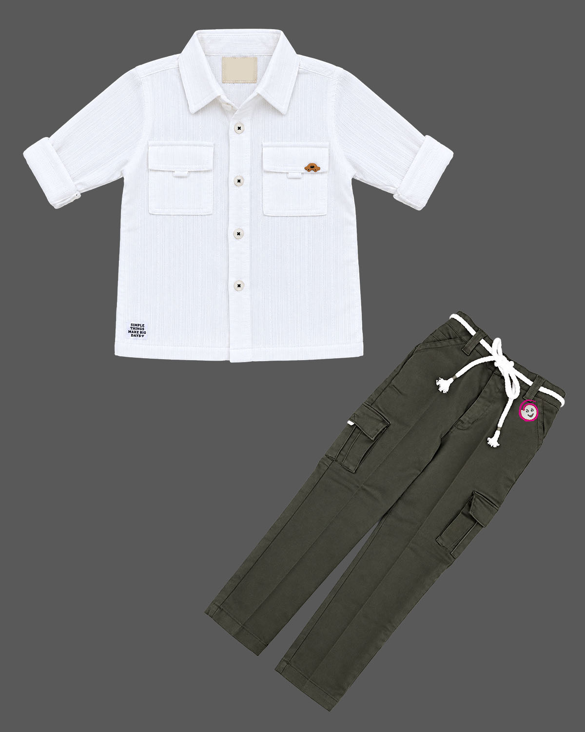 Structured corduroy shirt and cargo pant set for baby party wear dress with utility pockets