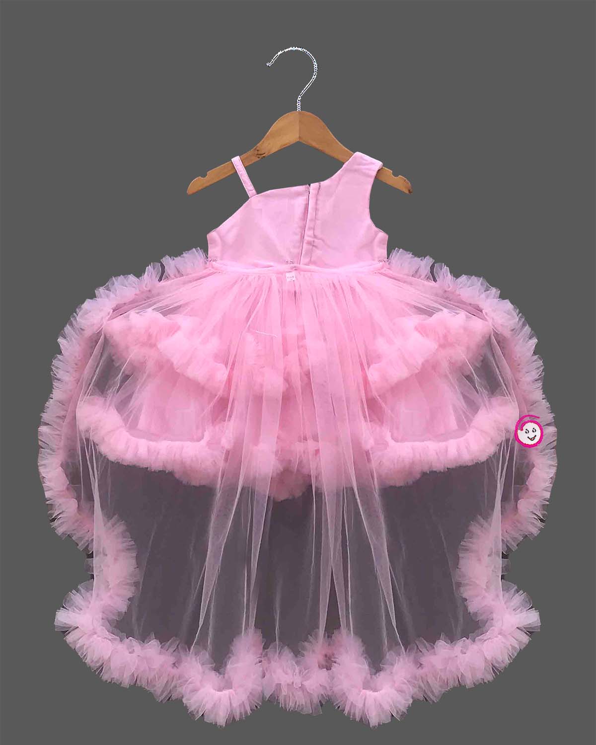 Toddler net ruffle party frock with high low ruffled skirt and Asymmetric floral bodice