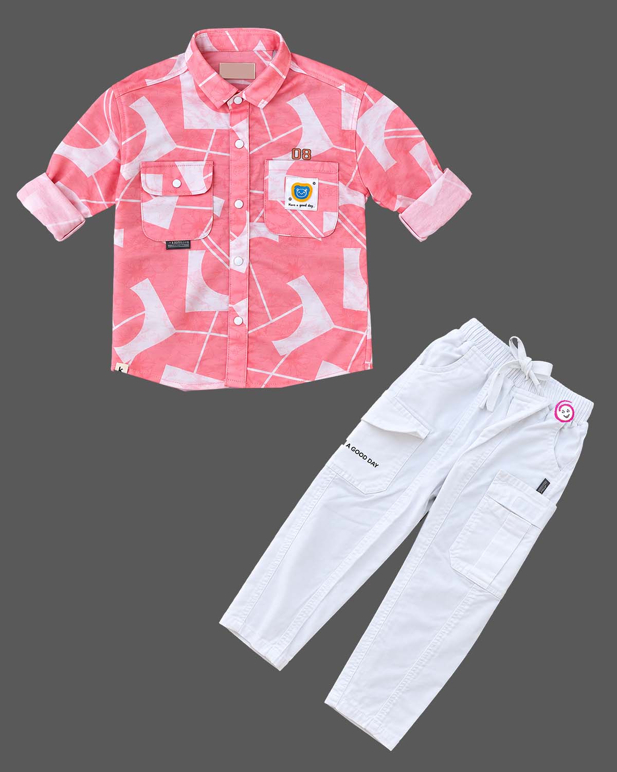 Boys long sleeve button-down shirt and cargo pants party wear for boys with chest utility pockets