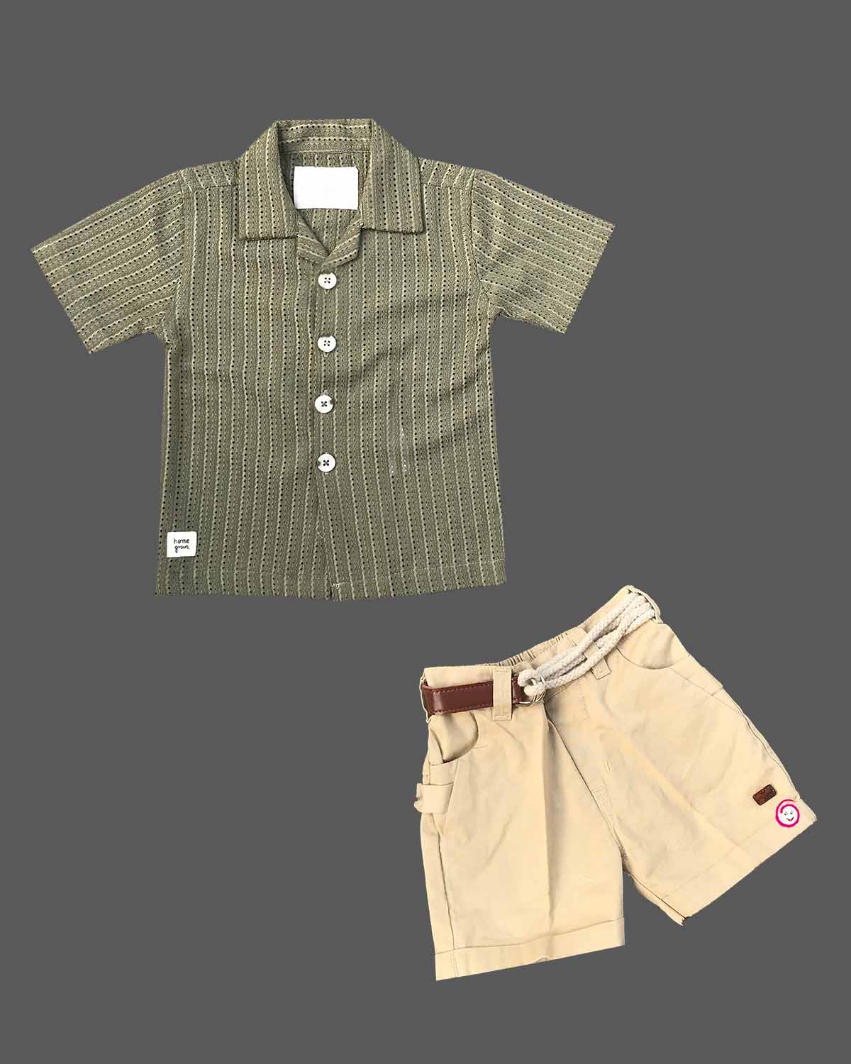Toddler boys textured vertical stripe collar short sleeve shirt and tailored shorts set with rope belt detail