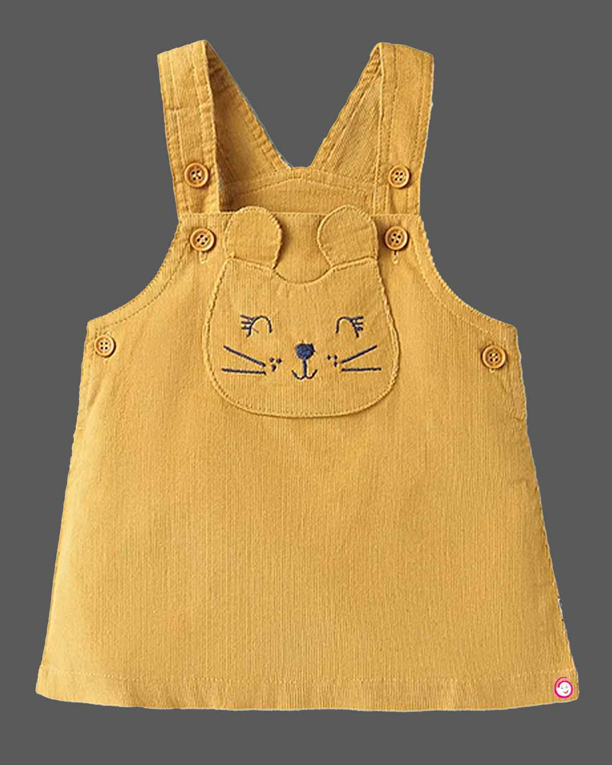Girls animal embroidered dress with half puff sleeve tee shirt - Mustard