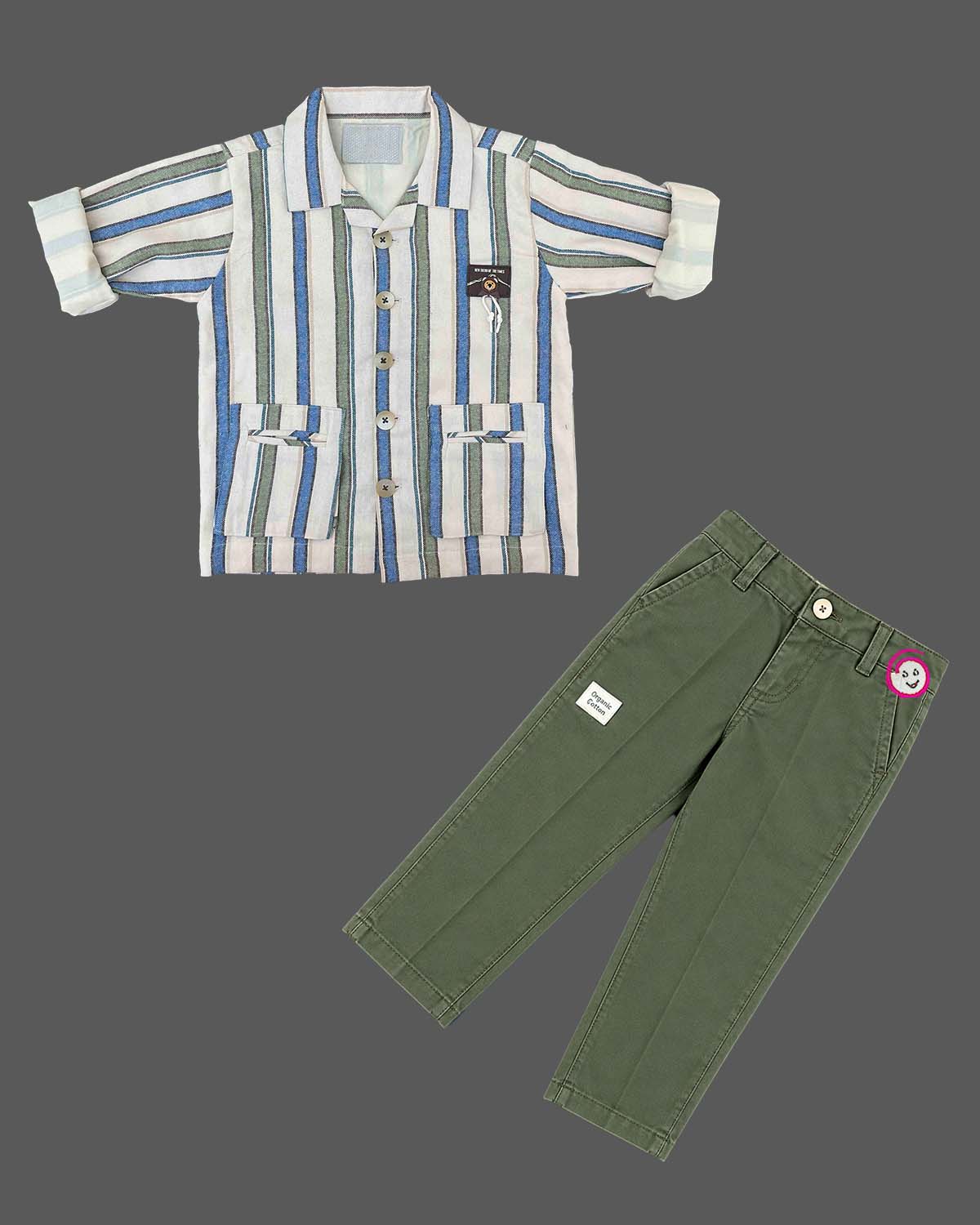 Boys button-down shirt and trouser set indo western dress for boys with front utility pockets and structured collar.
