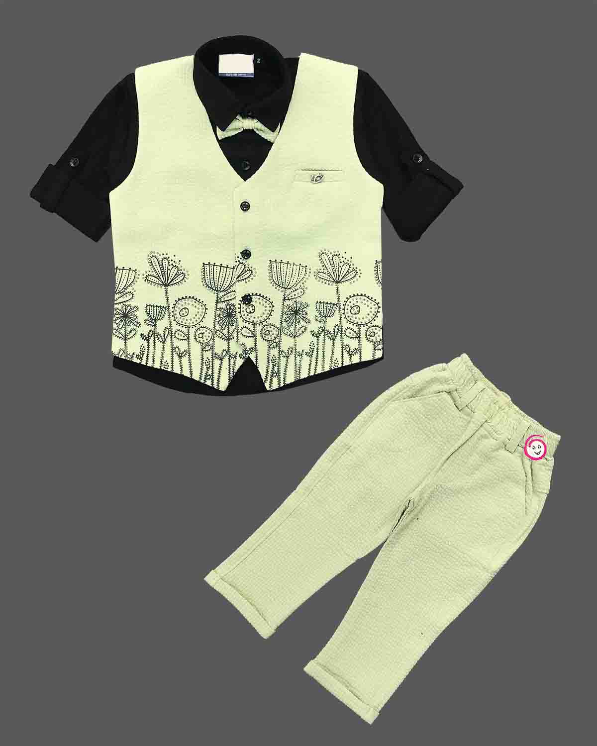 Charming icon botanical sketch printed waistcoat suit set with shirt Pant and bow tie for boys