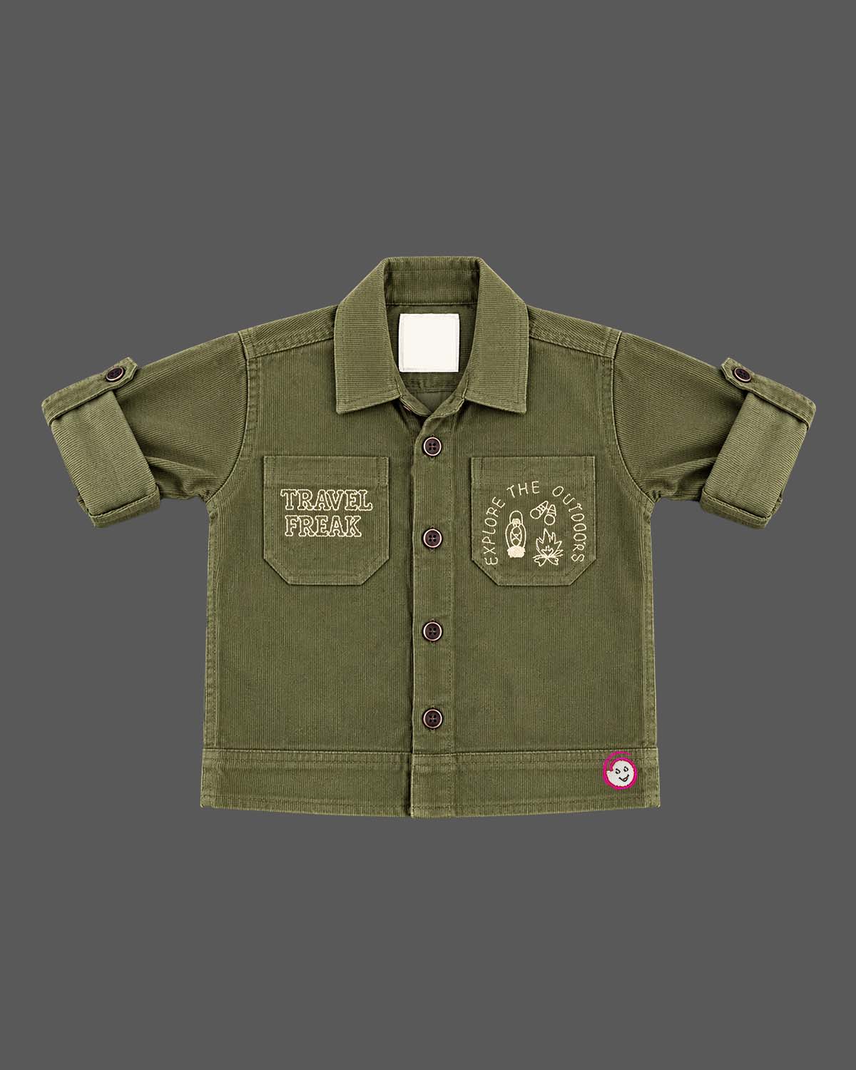 Kids cargo pants set featuring a button-down collar and utility pockets for everyday wear.