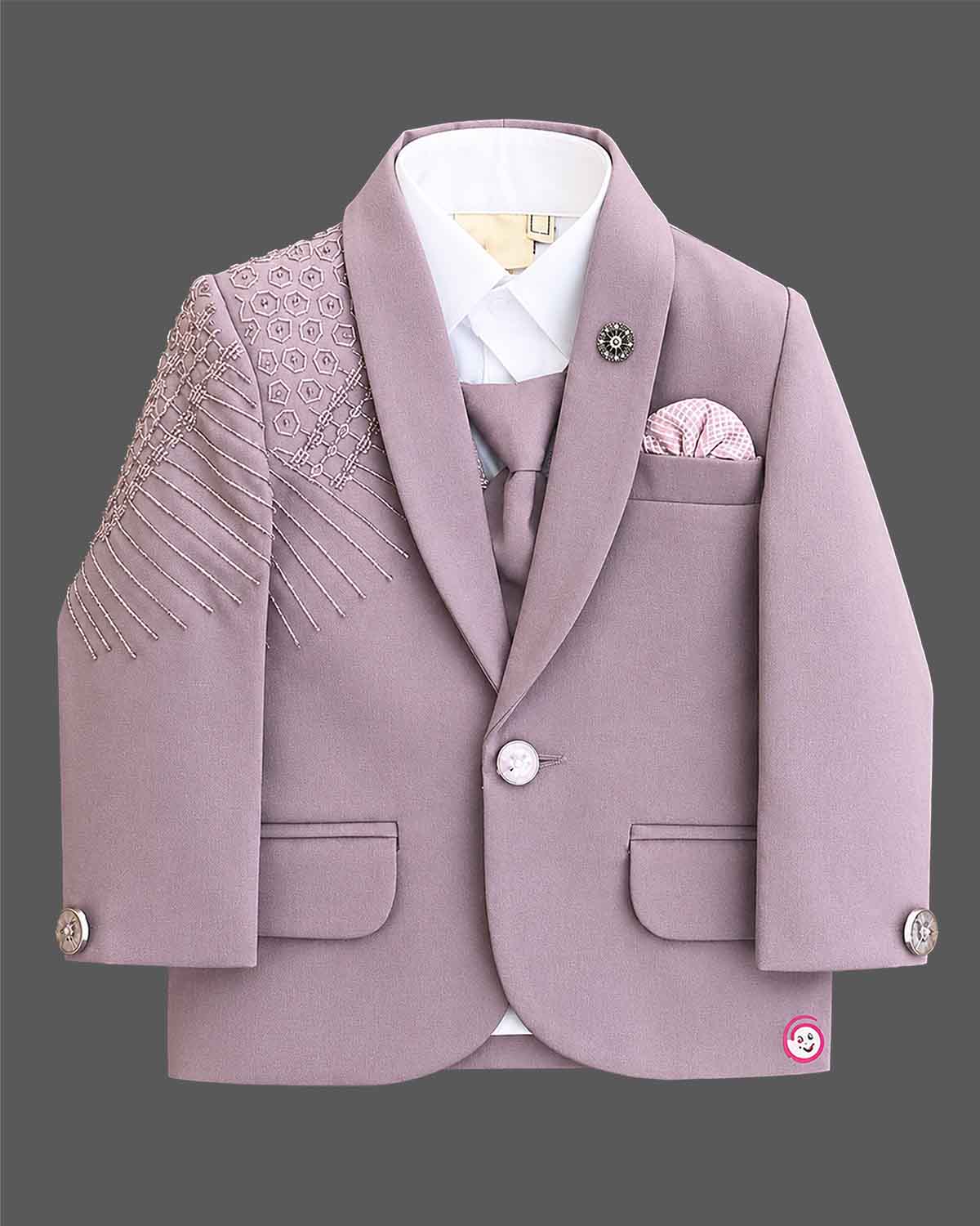 Boys dusty mauve formal suit blazer with shoulder sequin embellishments and tassel fringe, tie, pocket square, paired with elastic waist formal pant
