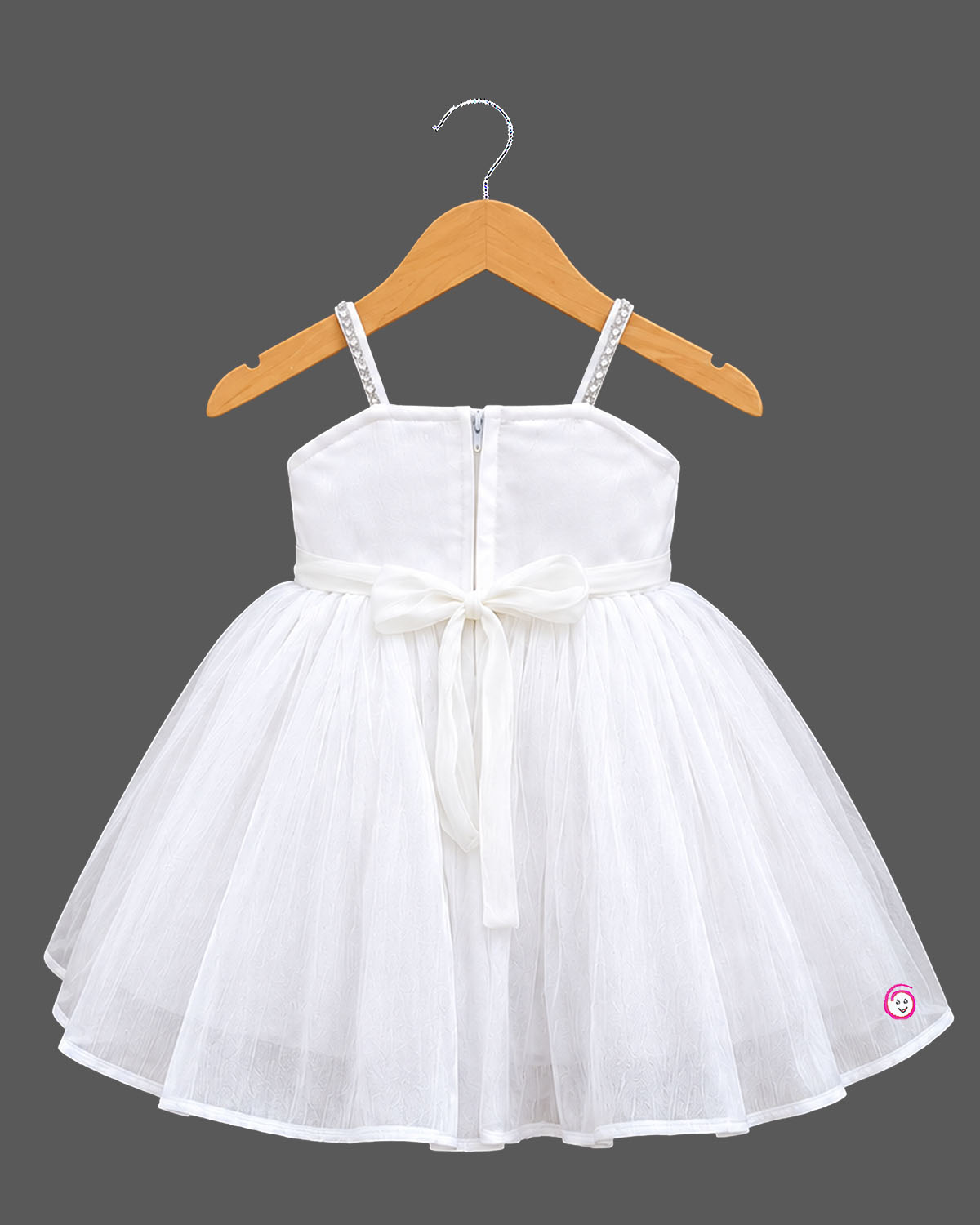 Flared netting baby party wear dress with oversized bodice rosette, matching bow headband, and soft booties.