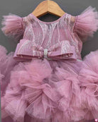 Girls bow applique ruffled elegant tail frock - Rose Pink