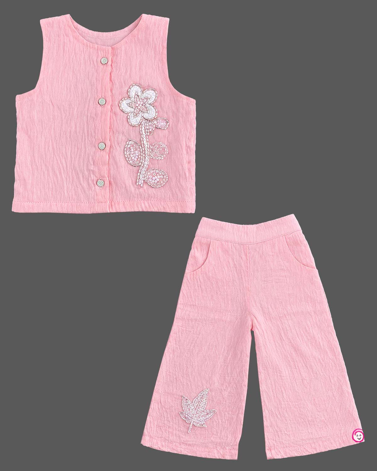 Sleeveless button-down top with floral applique and trousers set as a baby party wear dress.