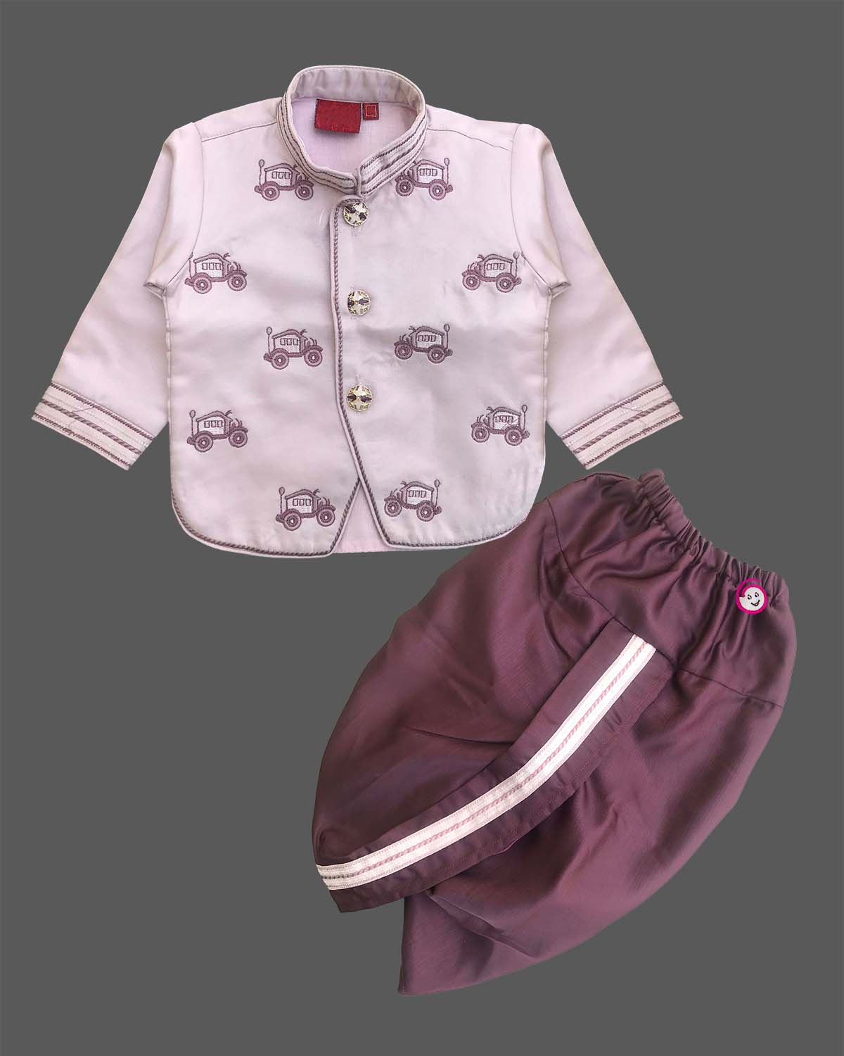 Boys lilac ethnic full sleeve kurta with auto embroidery motifs and mandarin collar paired with wine elastic waist dhoti pant