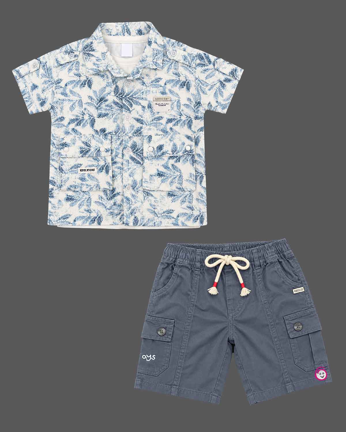 indo western dress for boys leaf-print short-sleeve shirt and utility cargo shorts set