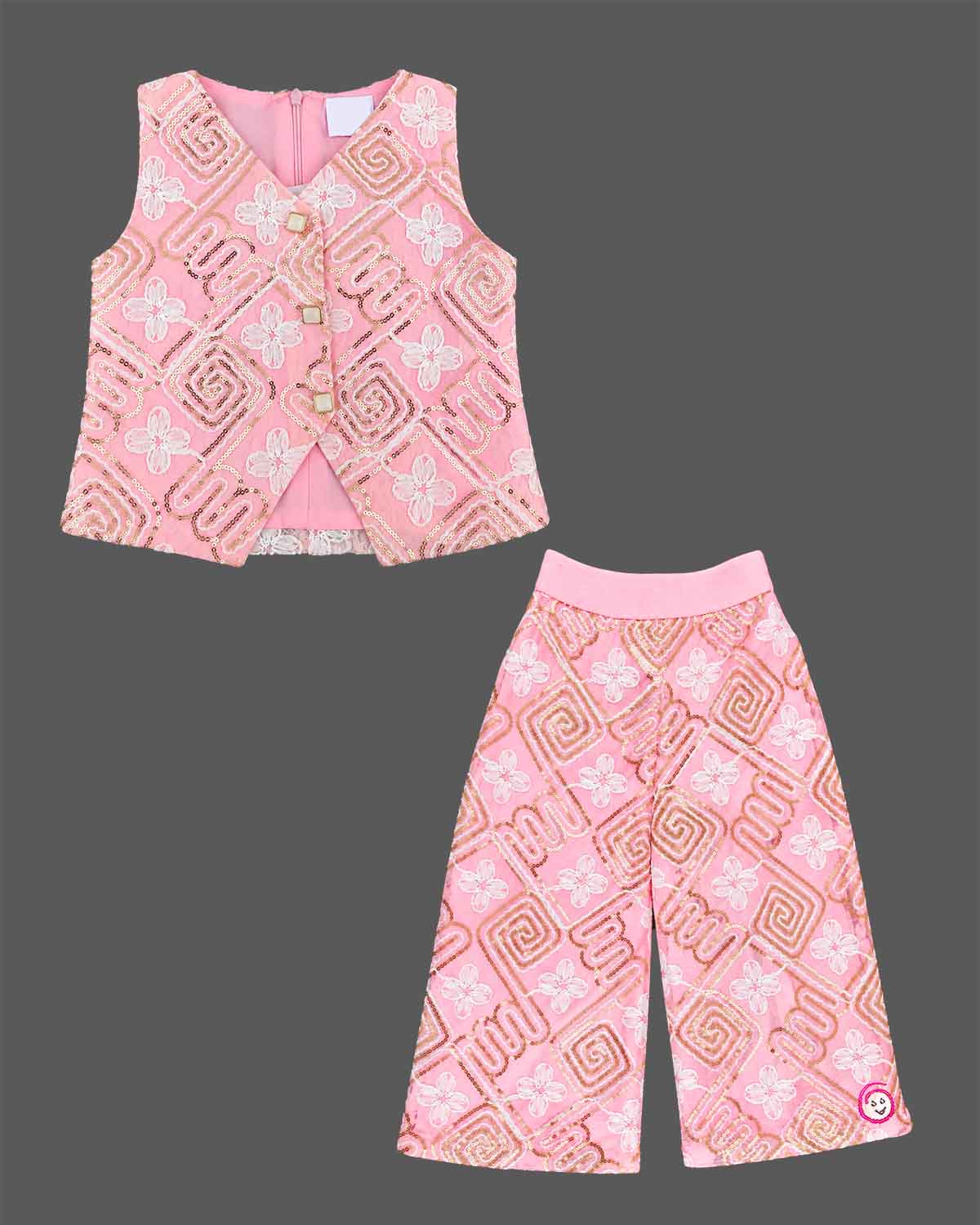 Girls embroidered top and pants set featuring intricate sequin work for festive parties and celebrations.