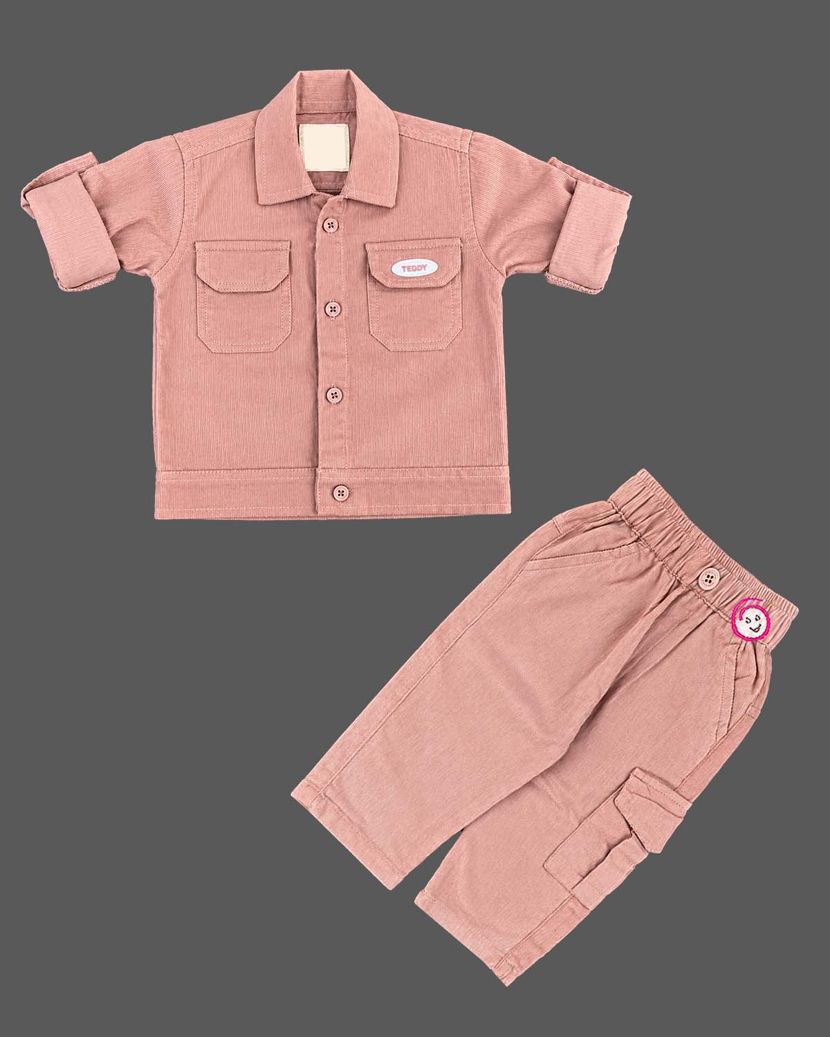 Shirt and pant set for boys featuring a button-down collar and cargo pockets