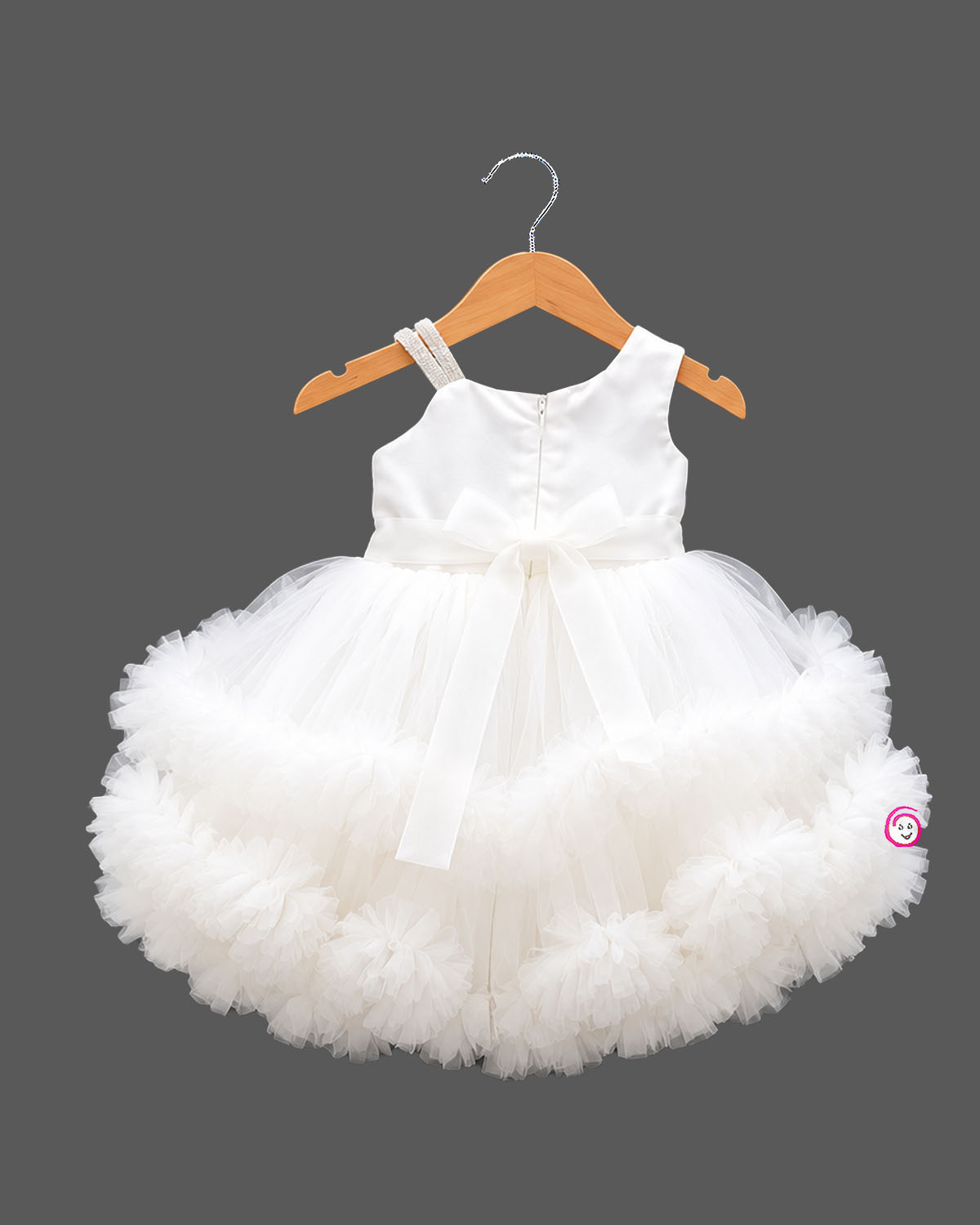 Baby party wear dress featuring floral bodice with tiered ruffle tulle skirt and train