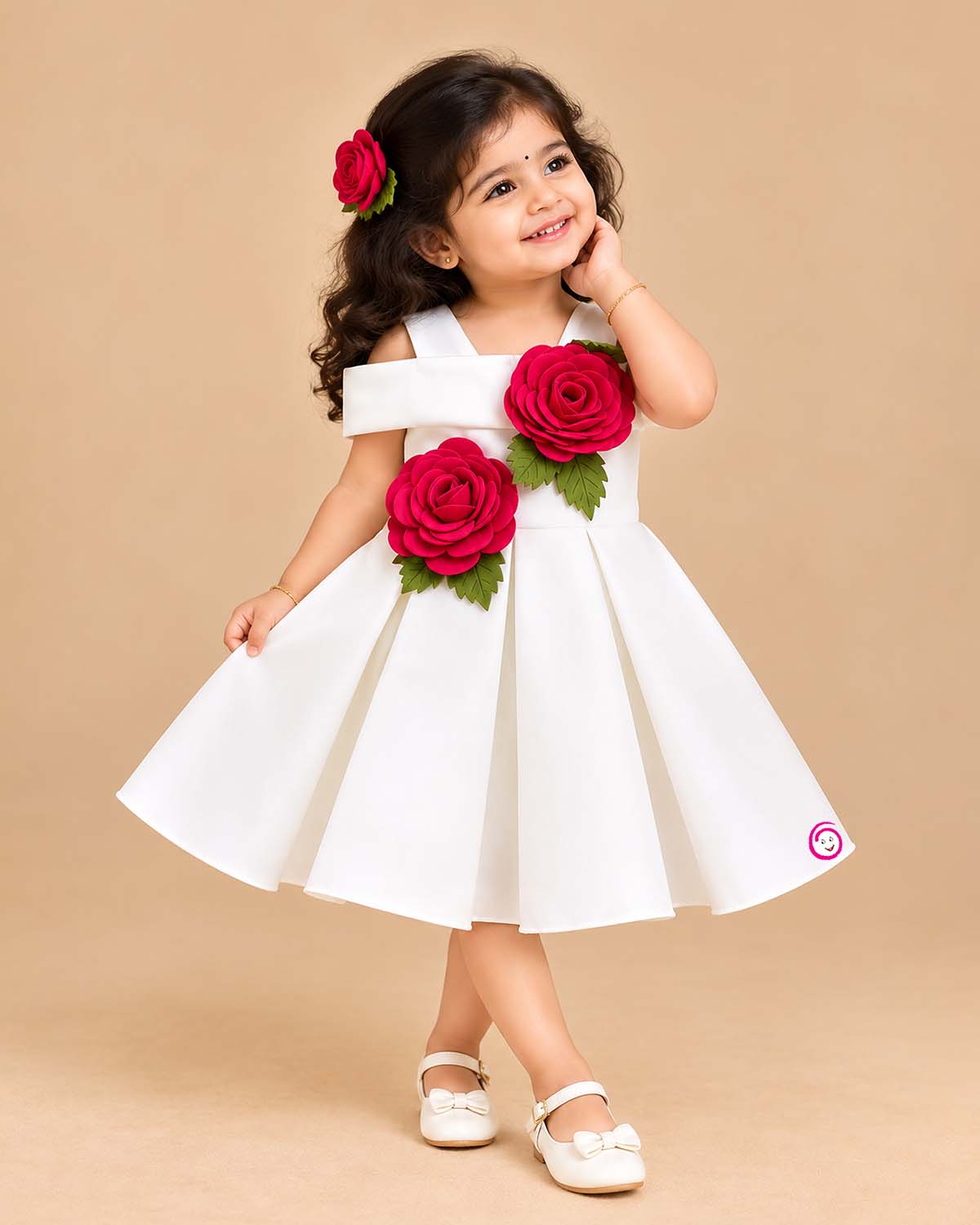 Sleeveless pleated party dress featuring large 3D fabric rose appliques and structured flared skirt