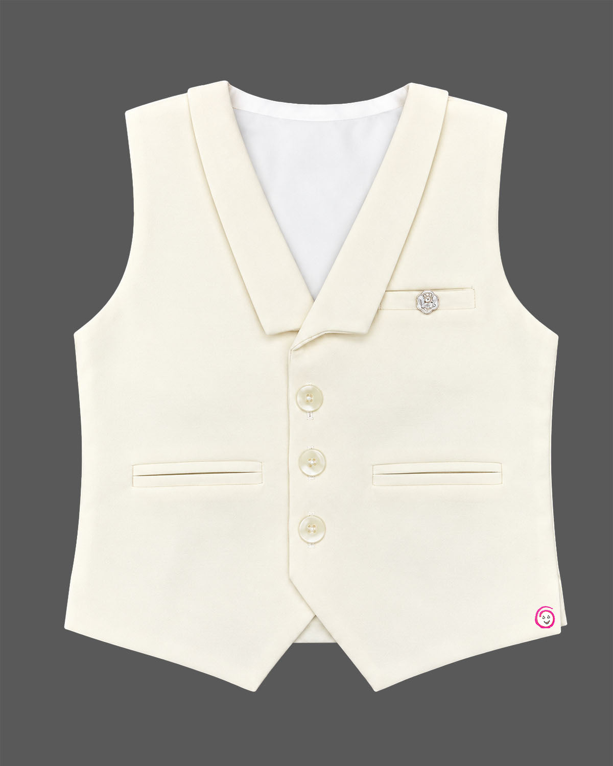 Boys waistcoat suit set with formal lapel vest, roll-up sleeve dress shirt, bow tie, and pant.