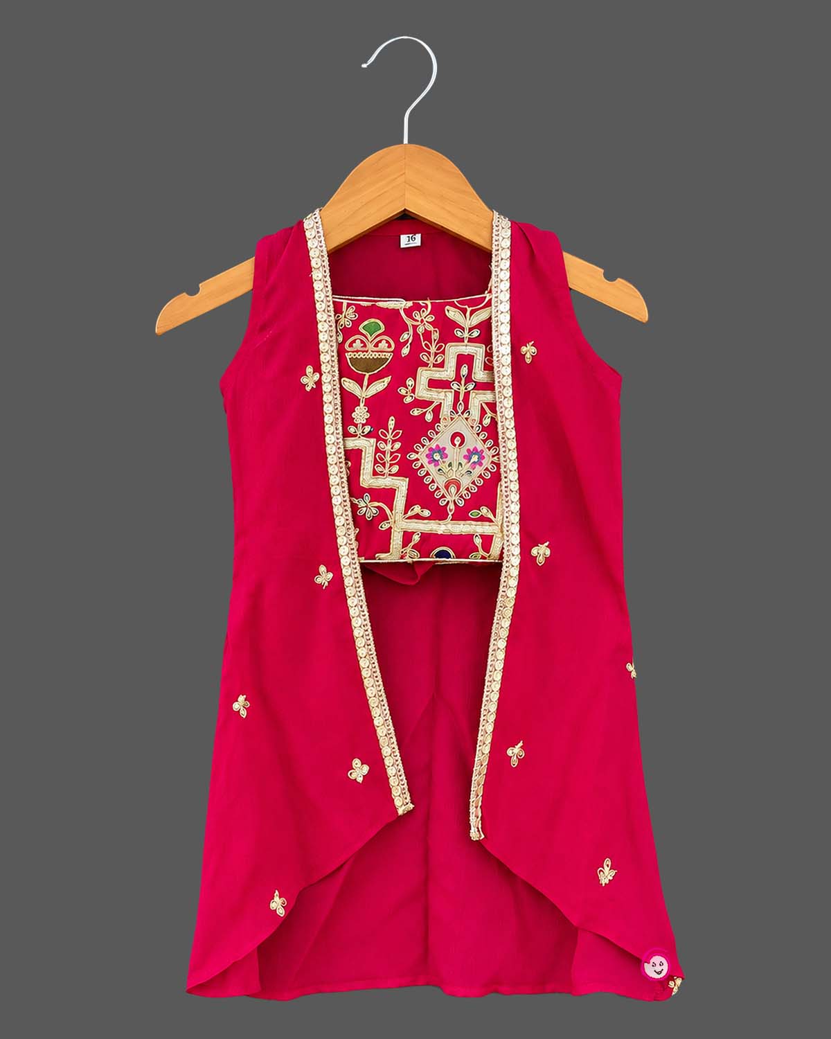 Zari embroidered kids palazzo set featuring a sleeveless long jacket and pleated palazzo pants
