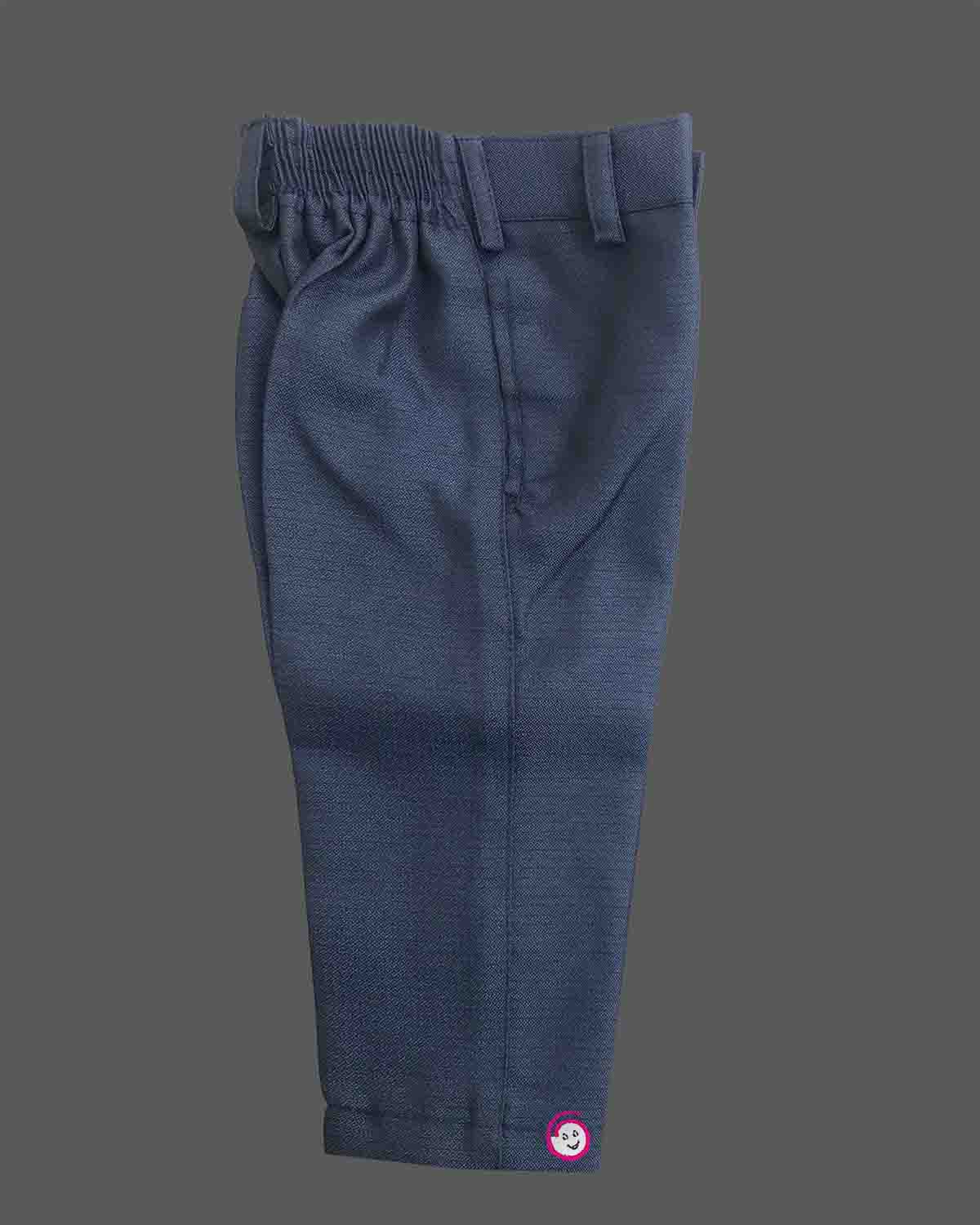 Boys navy blue formal tuxedo blazer with sequin embellishments, satin , bow tie, brooch pin, paired with elastic waist formal pant