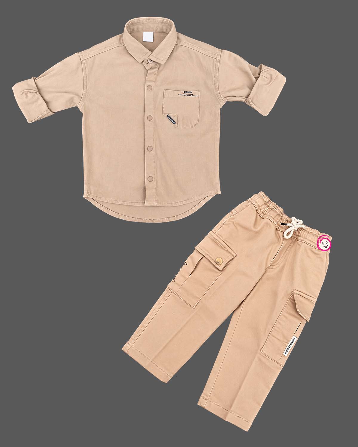 Toddler wearing long-sleeve button-down shirt and pant styled as a baby western wear dress.