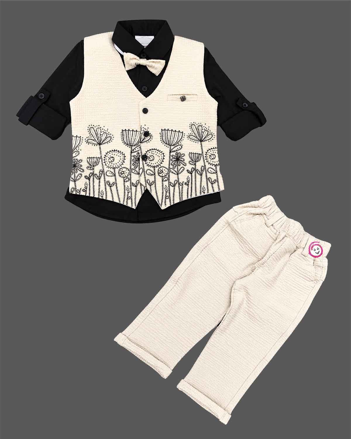 boys waistcoat suit set with embroidered vest shirt pant and bow tie for boys party wear