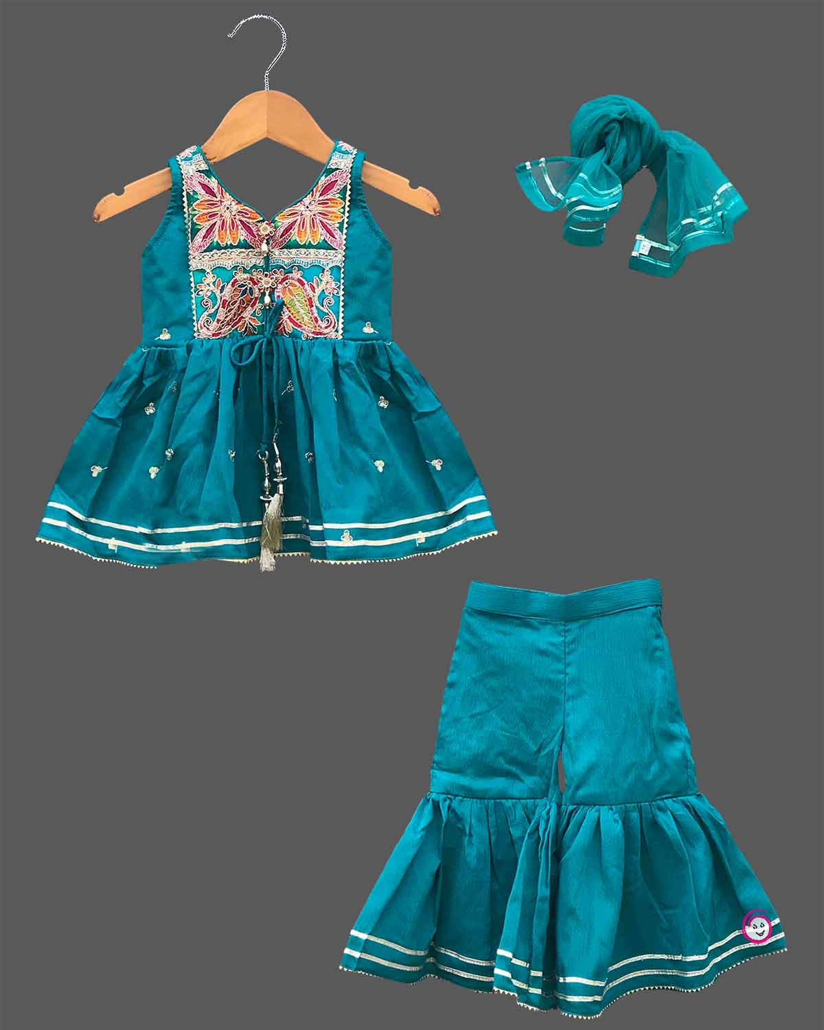 Baby girl ethnic embroidered silk sharara top flared pants dupatta set for kids traditional festive wear