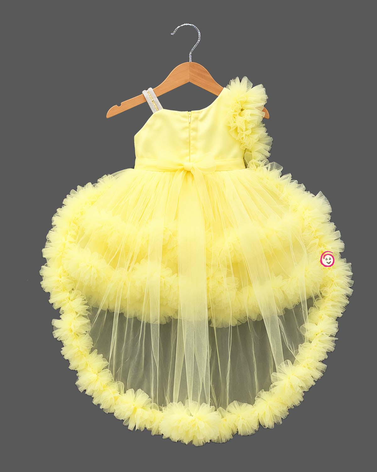 Voluminous baby party wear dress with Party frock train and floral embellished bodice.